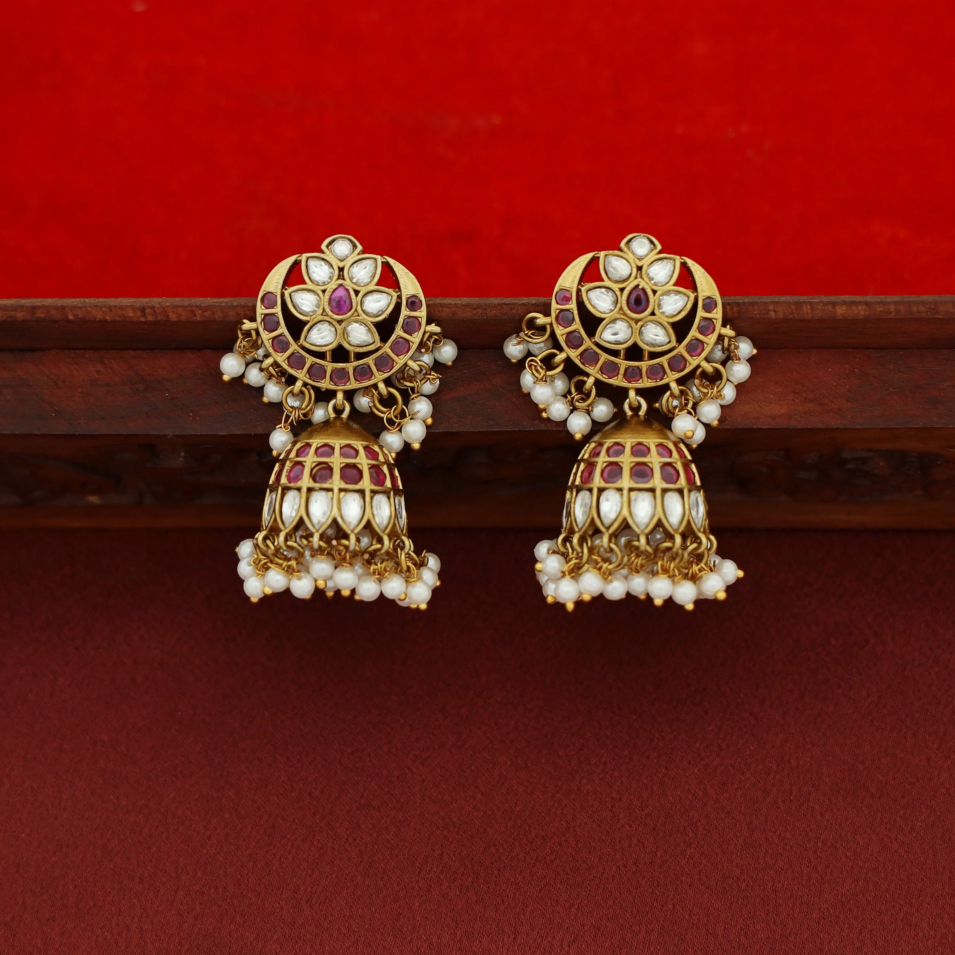 Hashmi Half Moon Rice Pearl Beaded Jhumka - Image 2