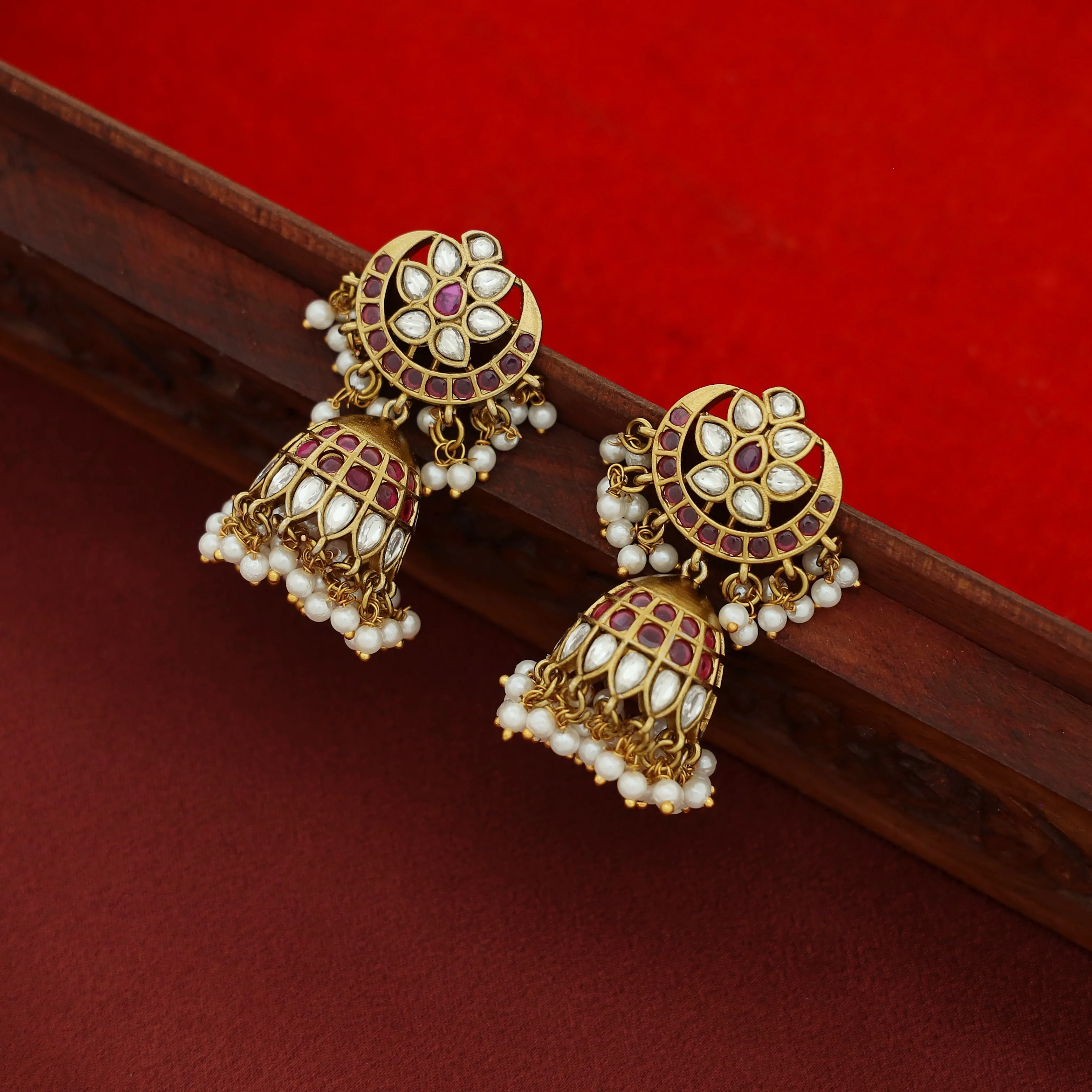 Hashmi Half Moon Rice Pearl Beaded Jhumka - Image 3