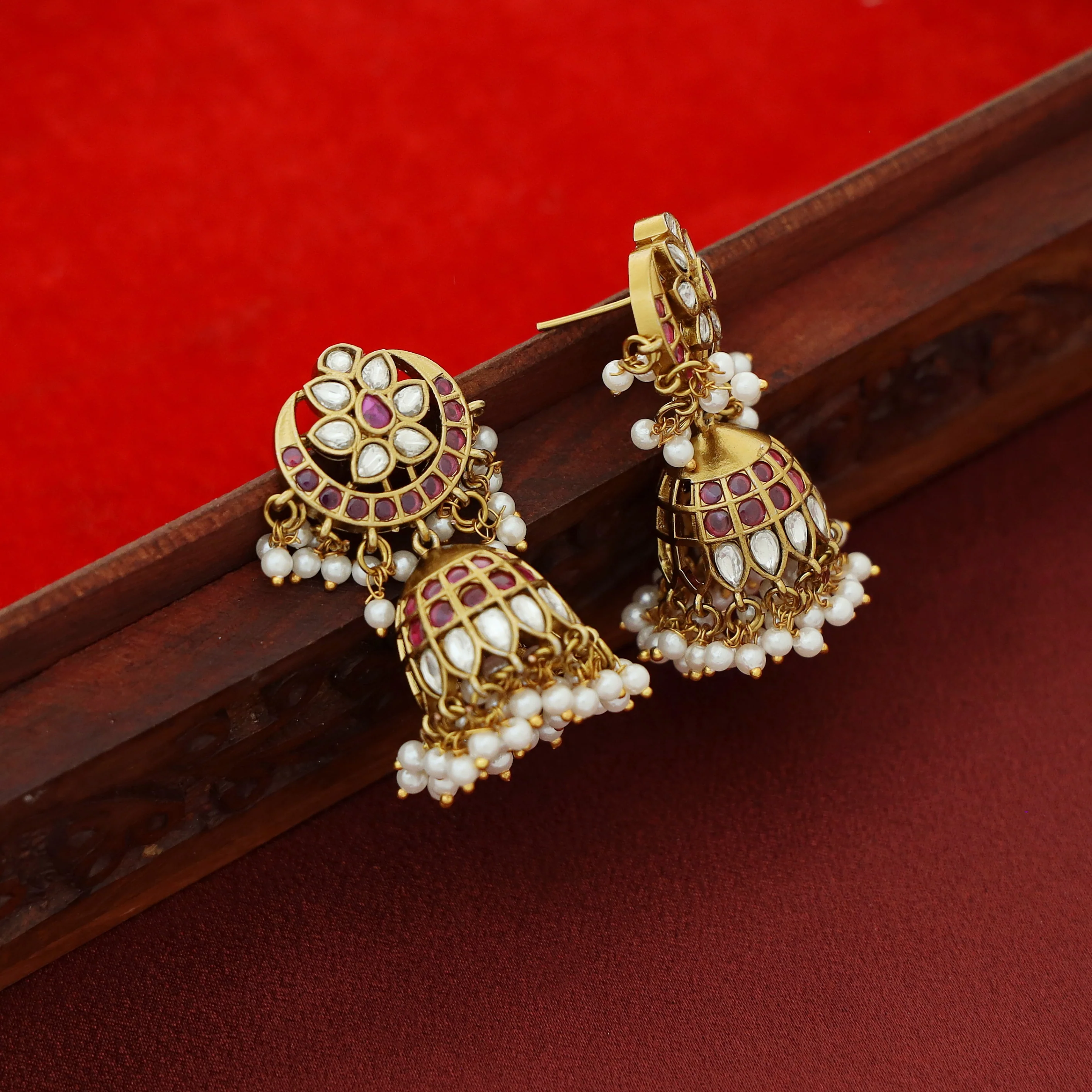 Hashmi Half Moon Rice Pearl Beaded Jhumka - Image 4