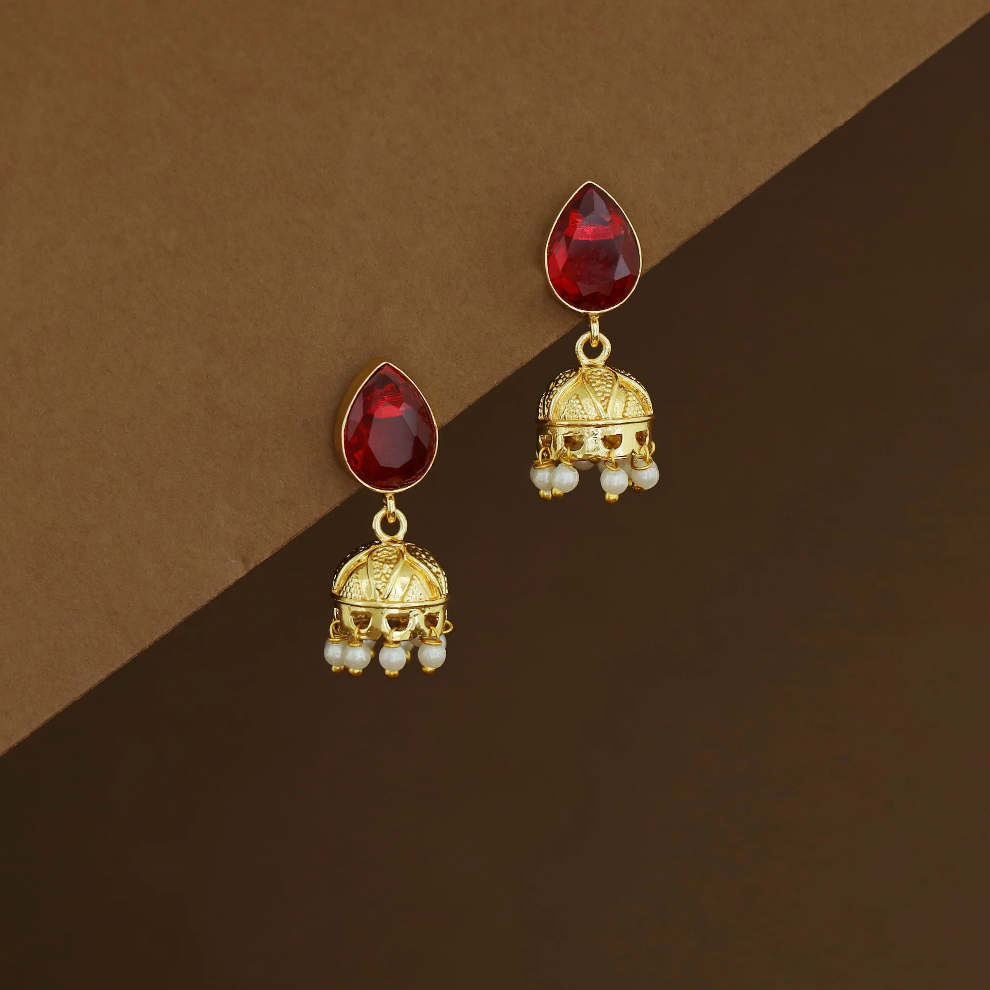 Hayathi Pearl Drop Glossy Stone Jhumka - Image 2