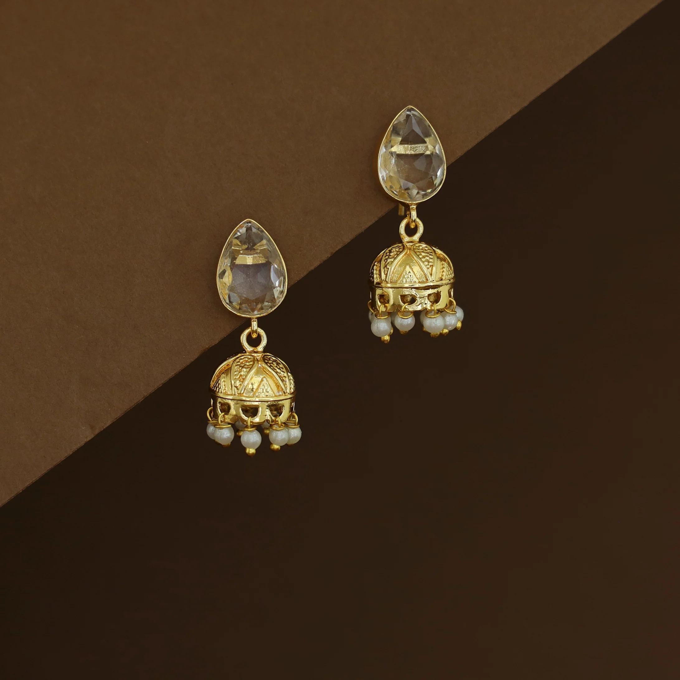 Hayathi Pearl Drop Glossy Stone Jhumka - Image 3