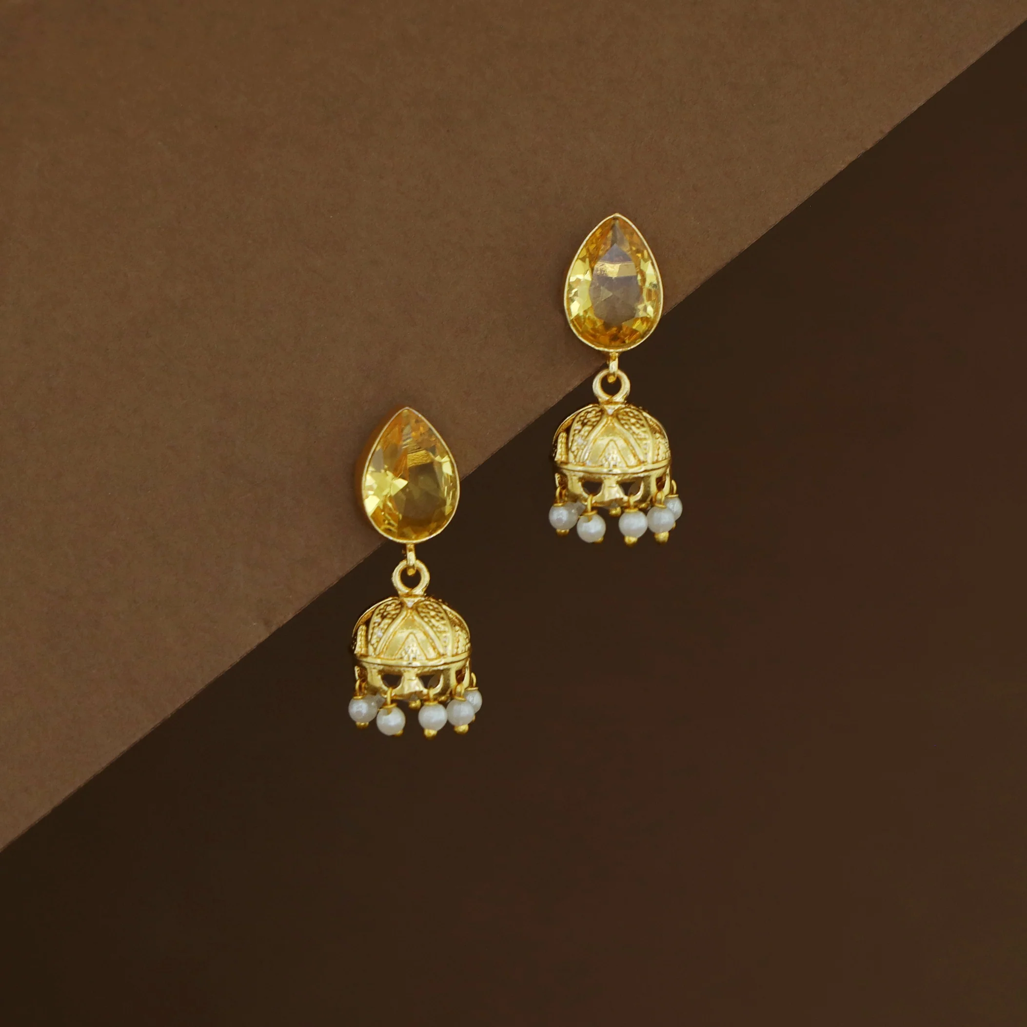 Hayathi Pearl Drop Glossy Stone Jhumka - Image 4