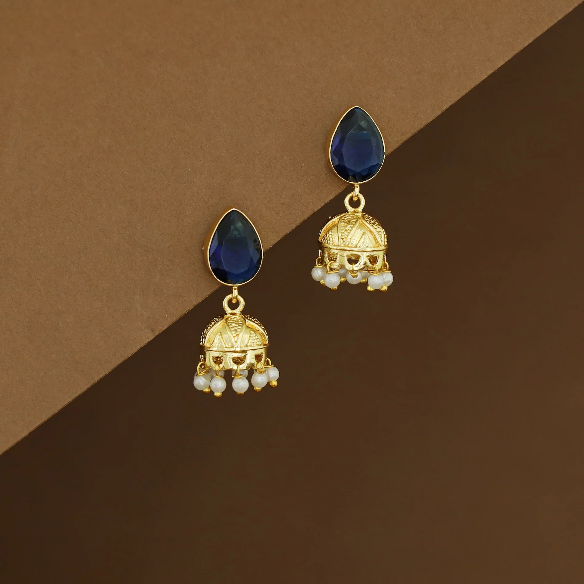 Hayathi Pearl Drop Glossy Stone Jhumka - Image 5