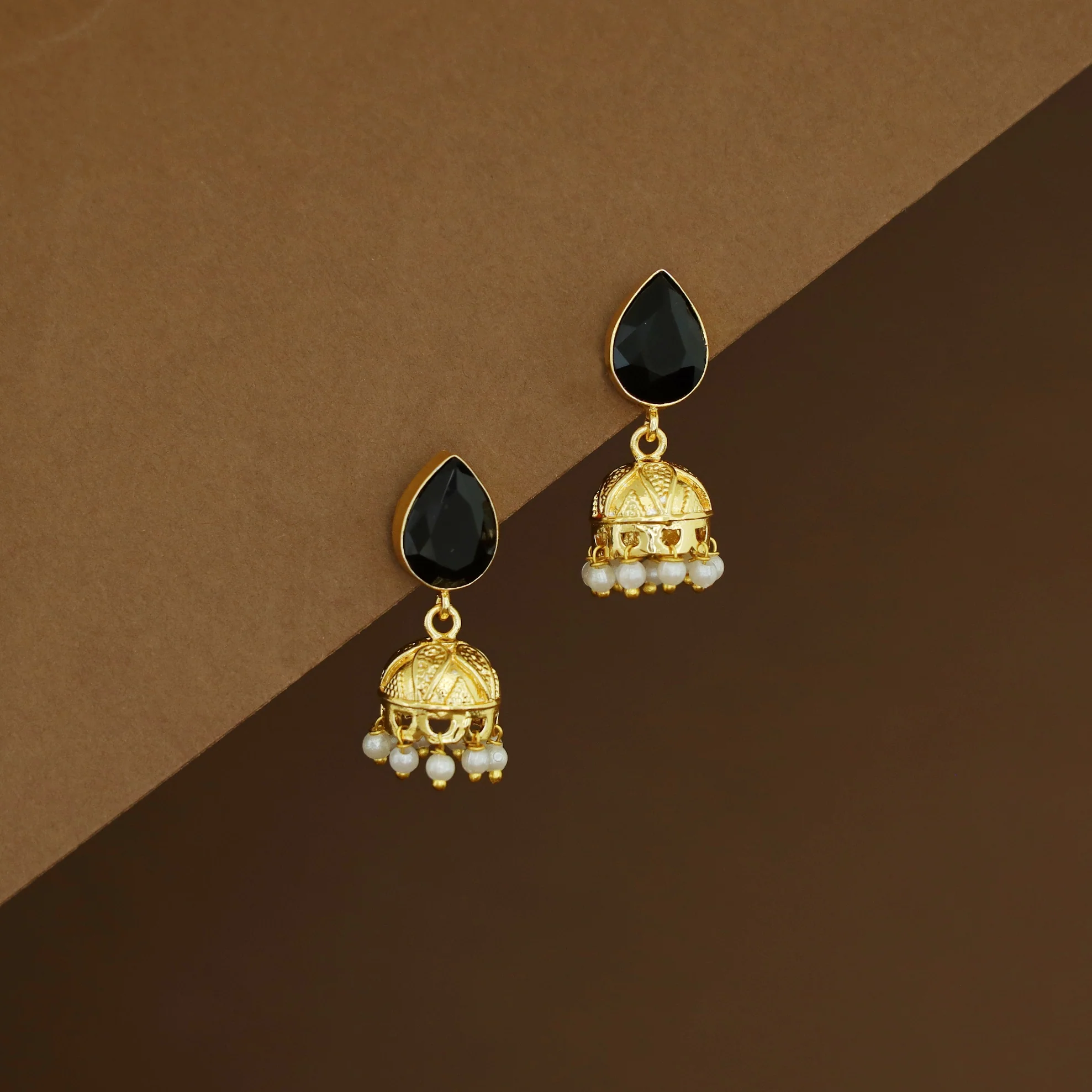 Hayathi Pearl Drop Glossy Stone Jhumka - Image 6