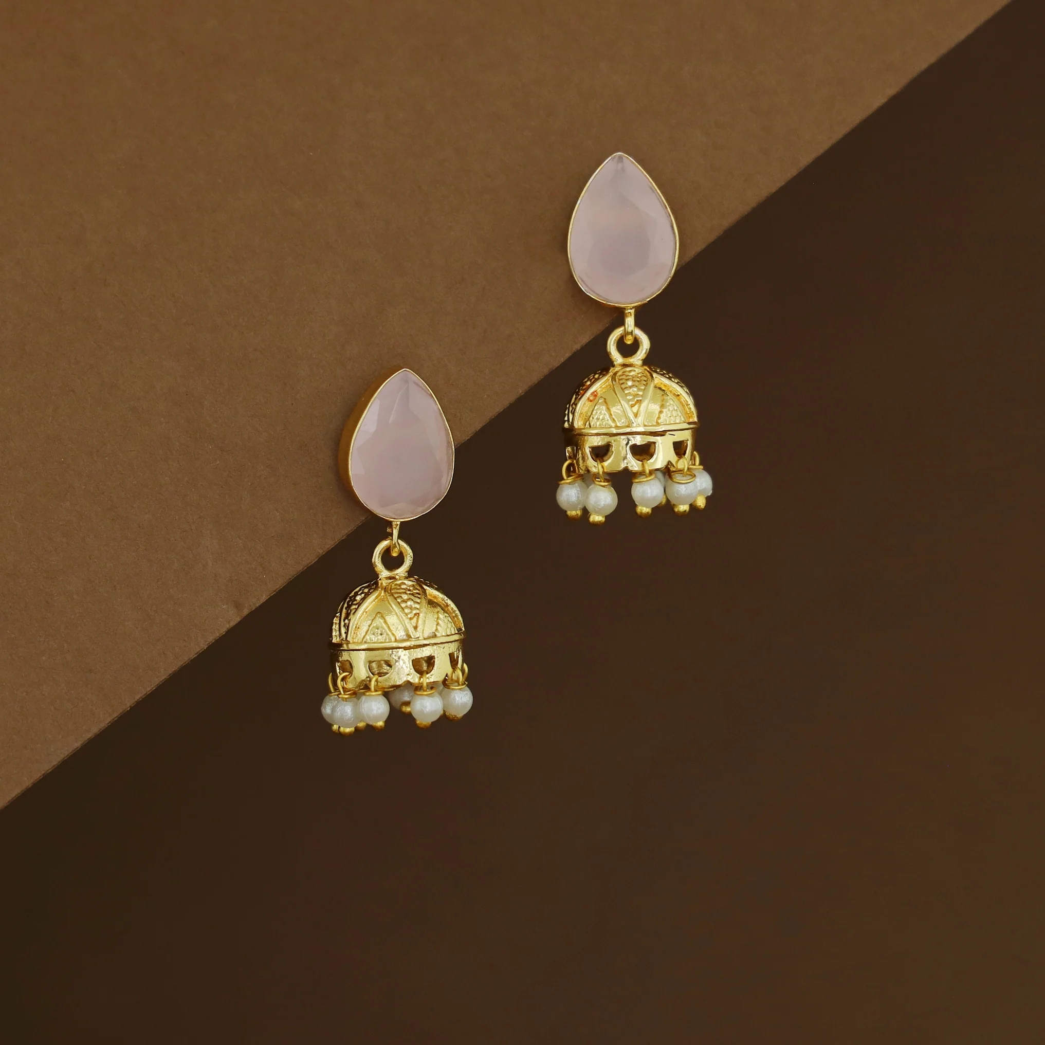 Hayathi Pearl Drop Glossy Stone Jhumka - Image 7