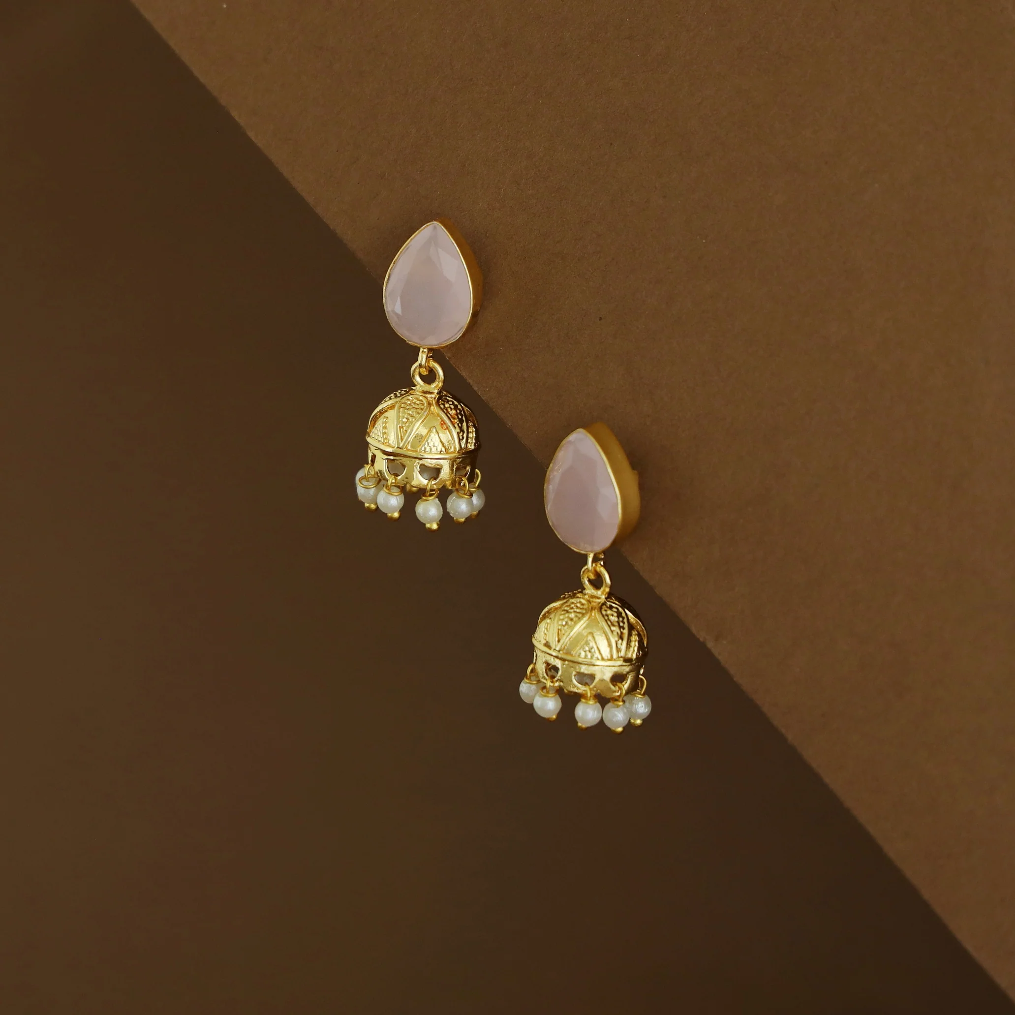 Hayathi Pearl Drop Glossy Stone Jhumka - Image 8