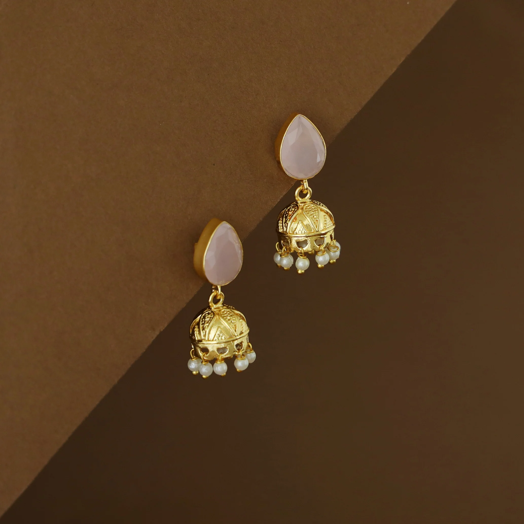 Hayathi Pearl Drop Glossy Stone Jhumka - Image 9