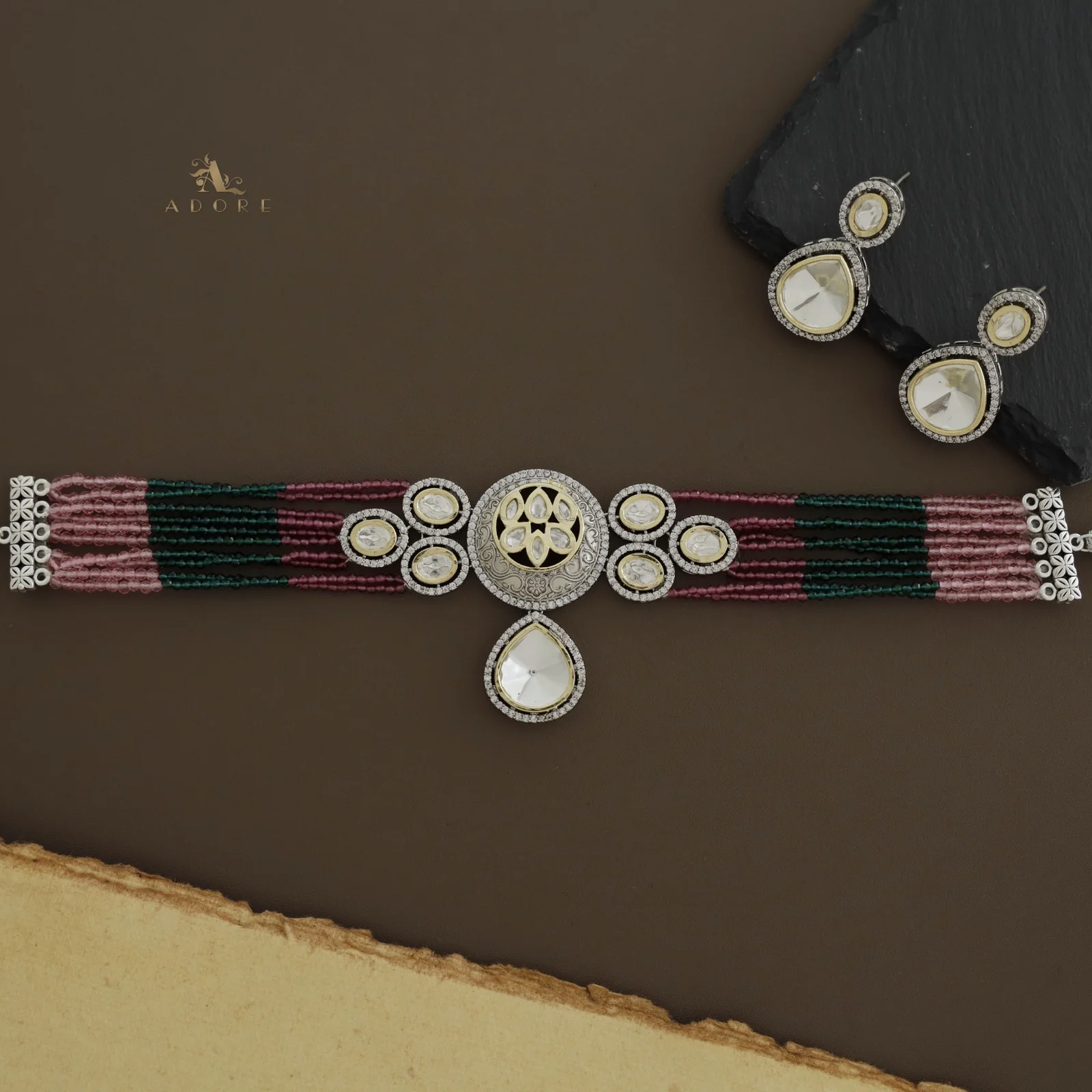 Hayathin Dual Tone Polki Kundan Choker With Earring - Image 2