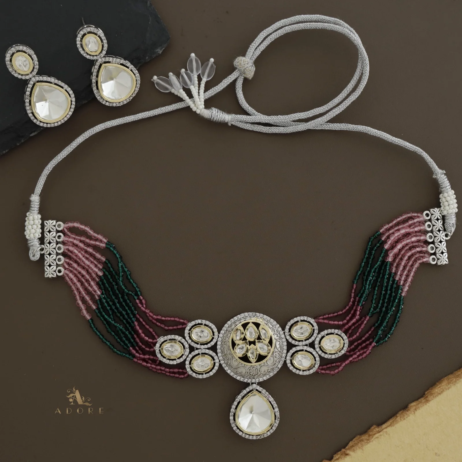Hayathin Dual Tone Polki Kundan Choker With Earring - Image 3