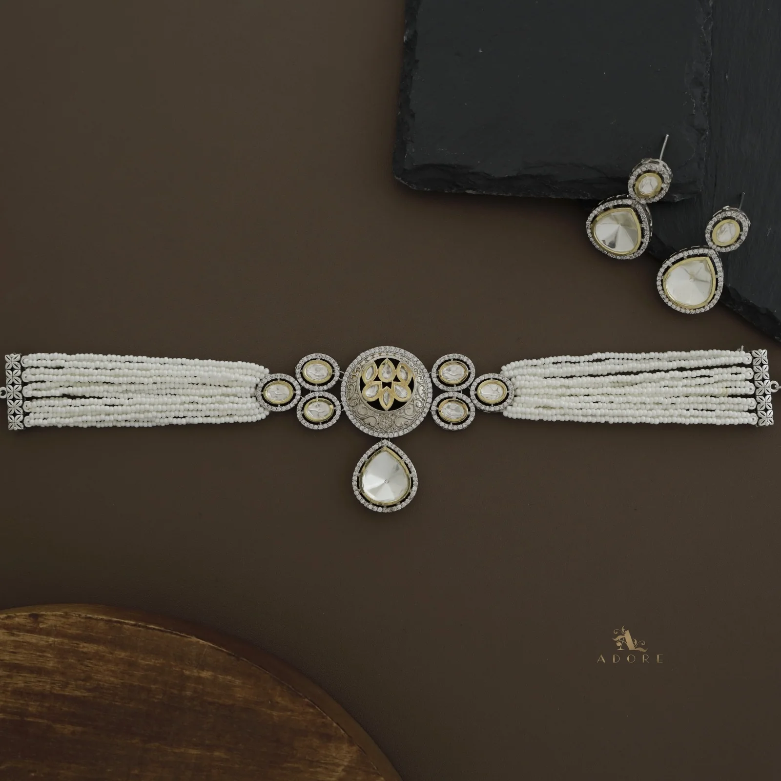 Hayathin Dual Tone Polki Kundan Choker With Earring - Image 4