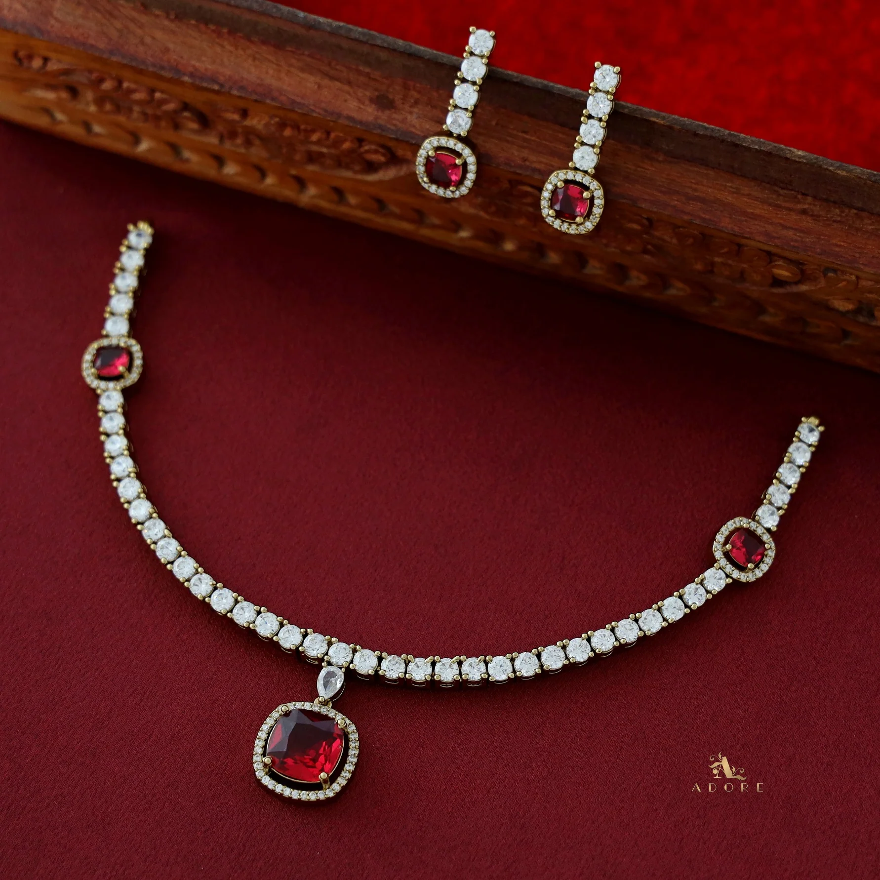 Hazel Square AD Stone Short Neckpiece With Earring - Image 3