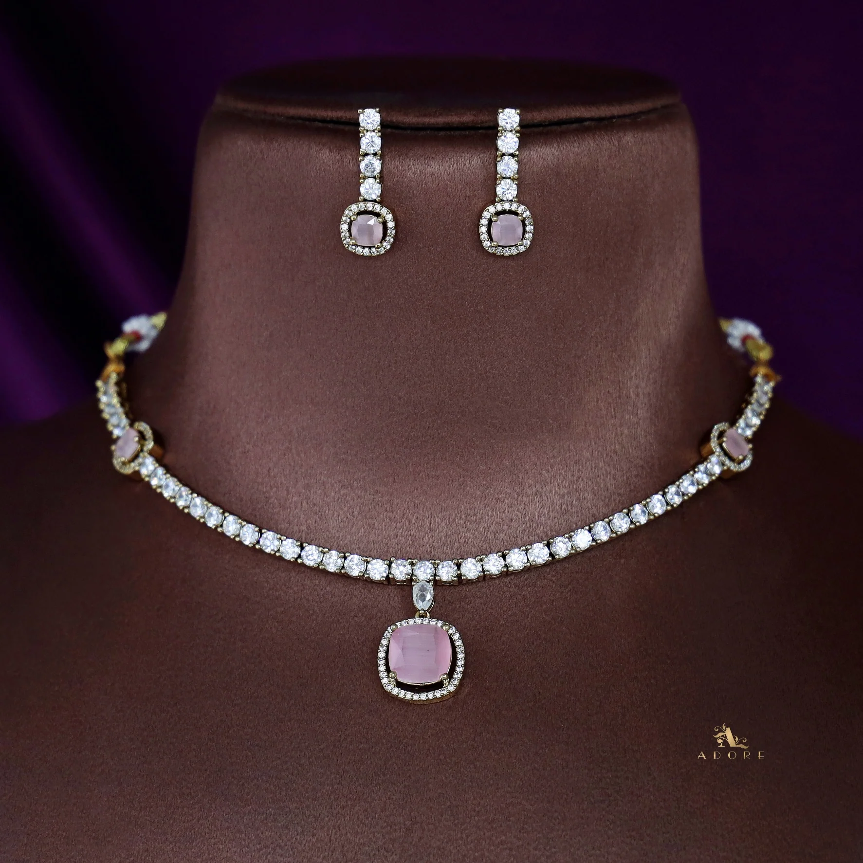 Hazel Square AD Stone Short Neckpiece With Earring - Image 4