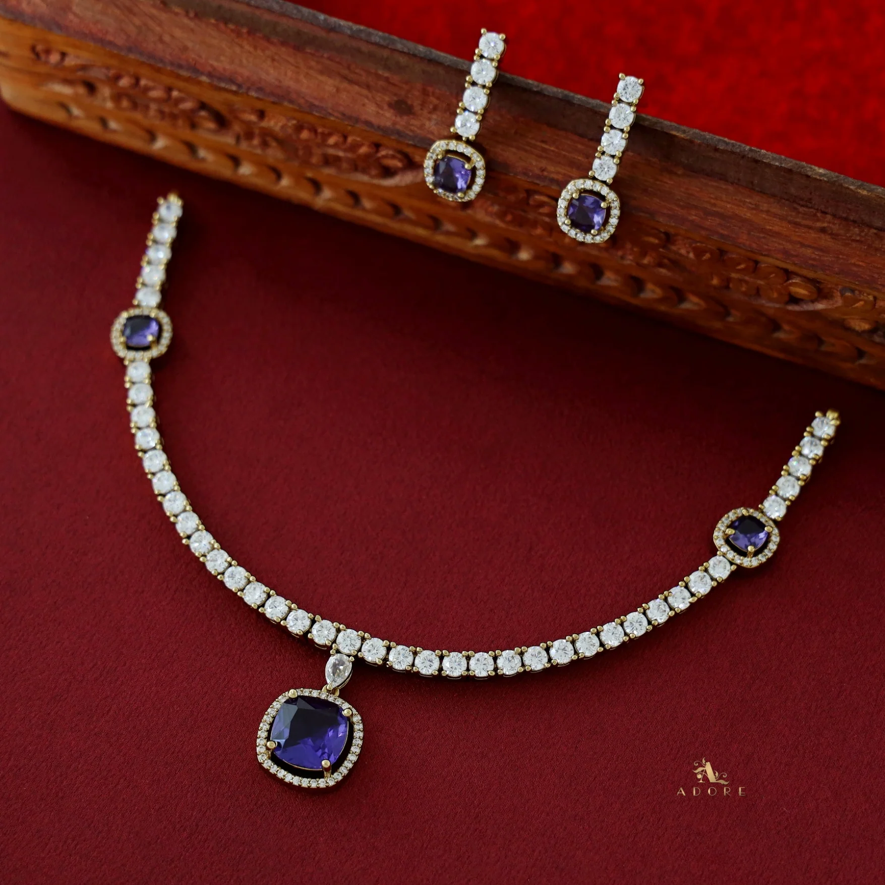 Hazel Square AD Stone Short Neckpiece With Earring - Image 5