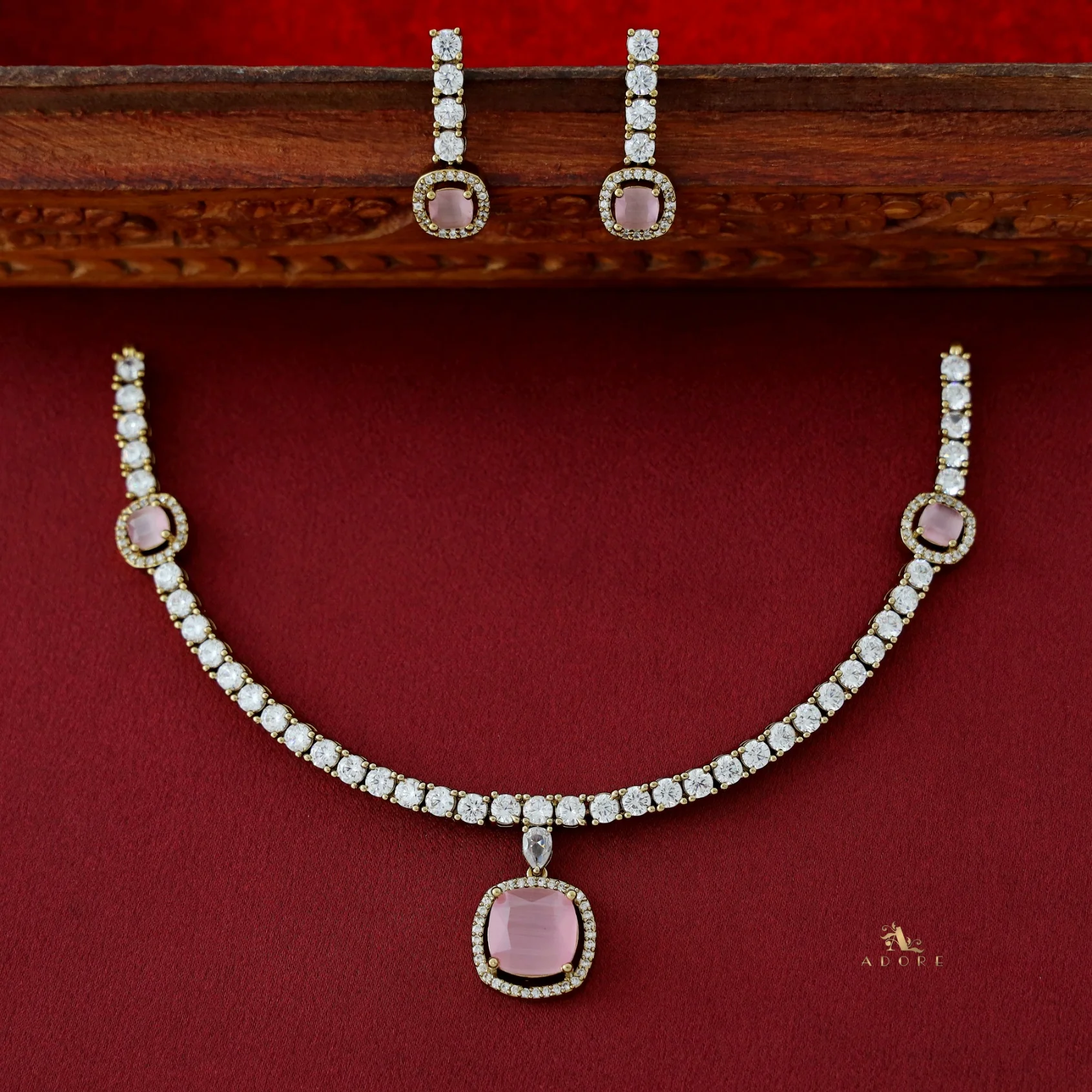 Hazel Square AD Stone Short Neckpiece With Earring - Image 6