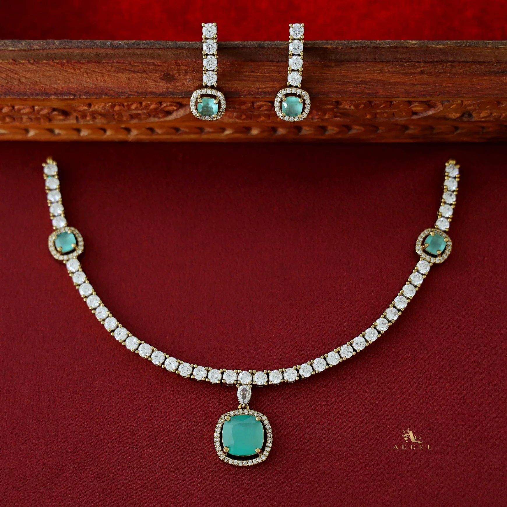 Hazel Square AD Stone Short Neckpiece With Earring - Image 7