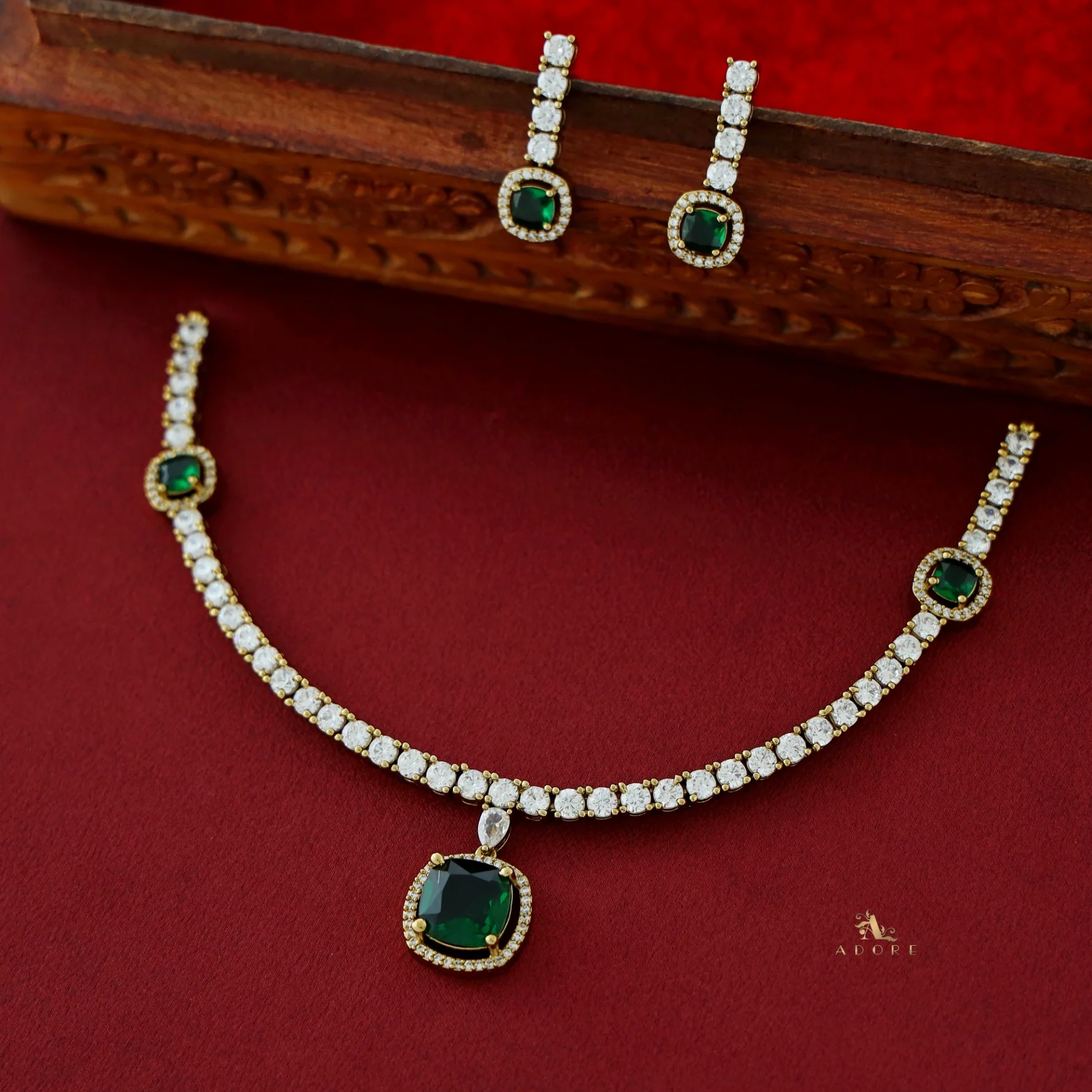 Hazel Square AD Stone Short Neckpiece With Earring - Image 8