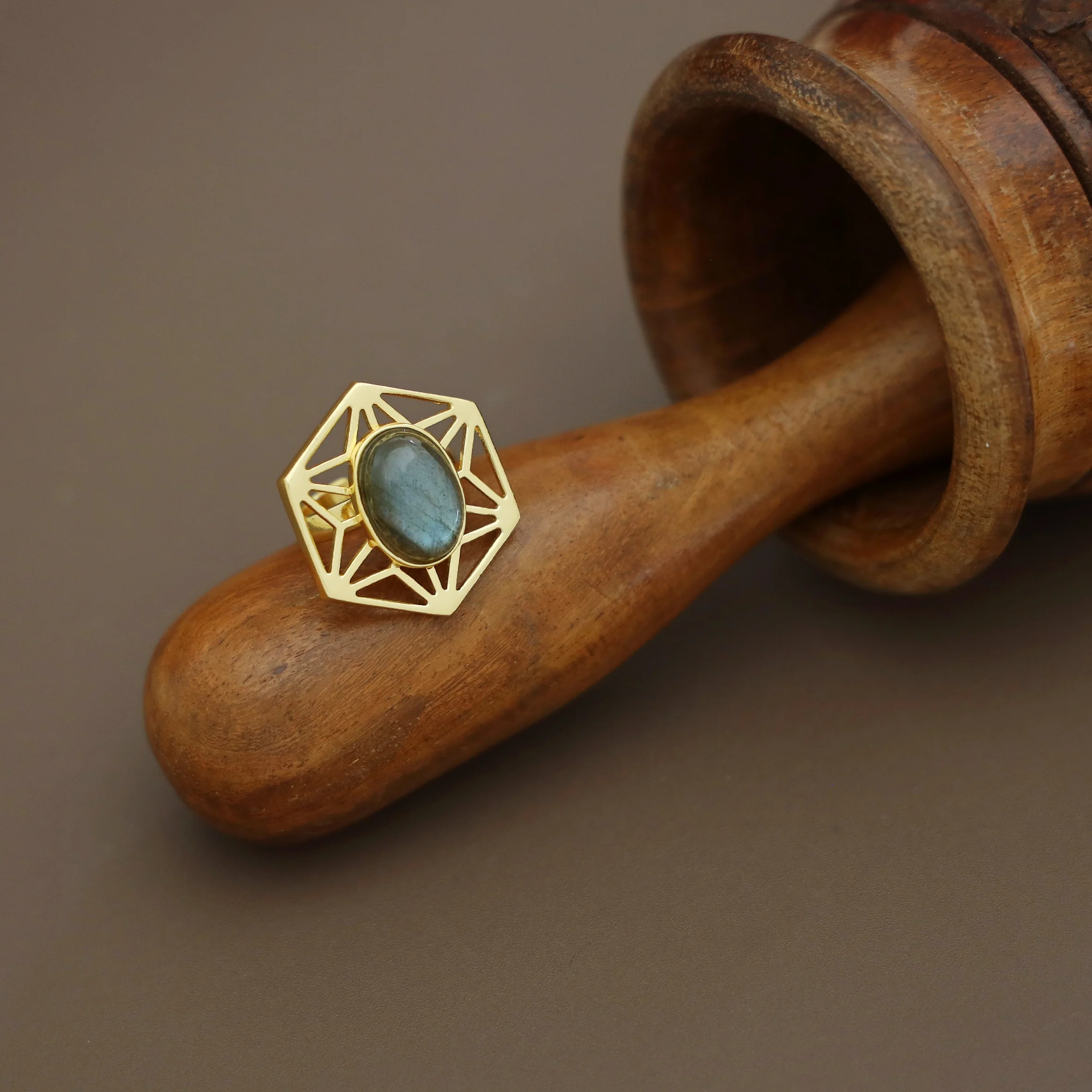 Helen Hexagon Oval Natural Stone Ring - Image 3