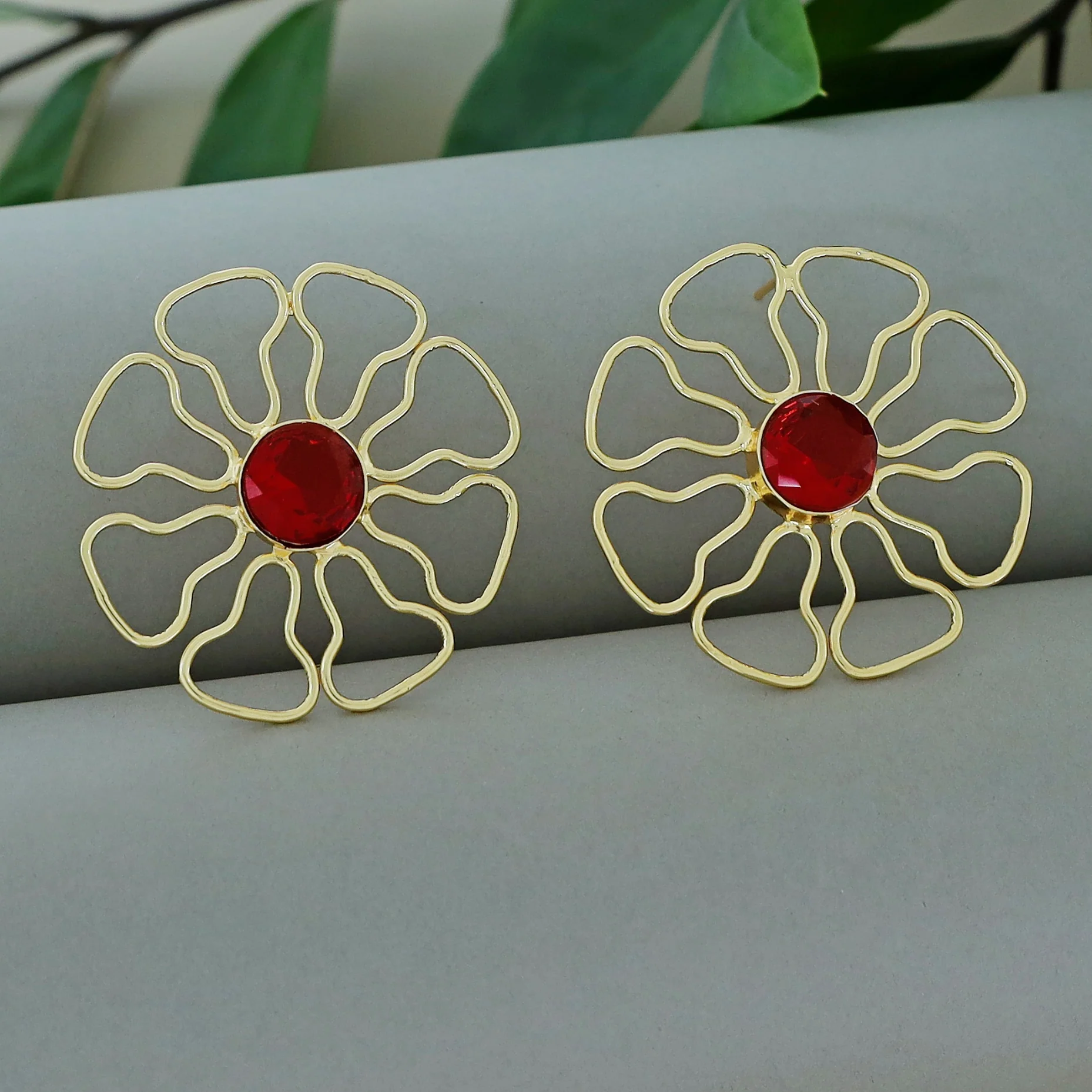 Henley Golden Floral Glossy Stone Earring - Image 2