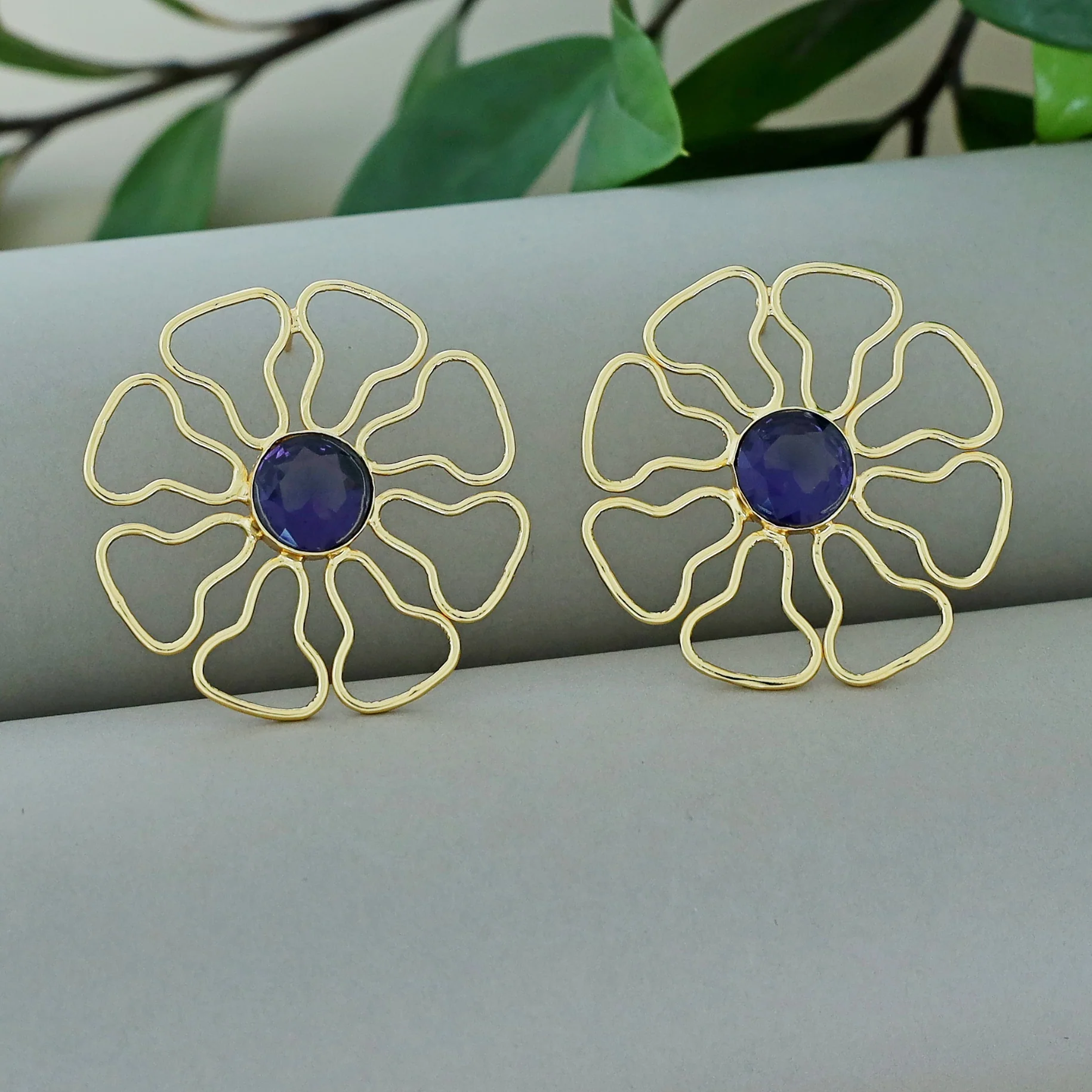 Henley Golden Floral Glossy Stone Earring - Image 7