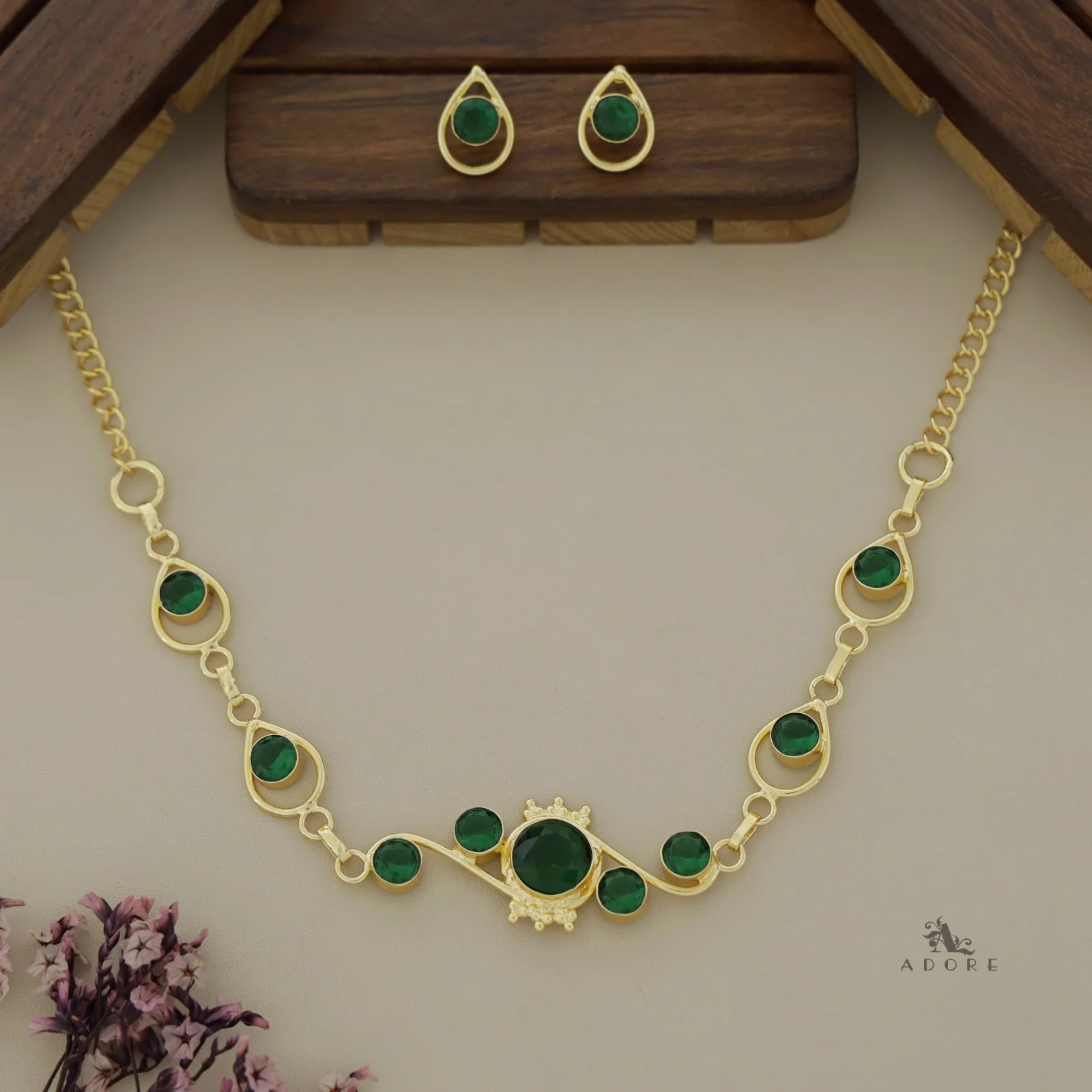Sidhanya 9 Stone Glossy Neckpiece with Earrings - Image 2