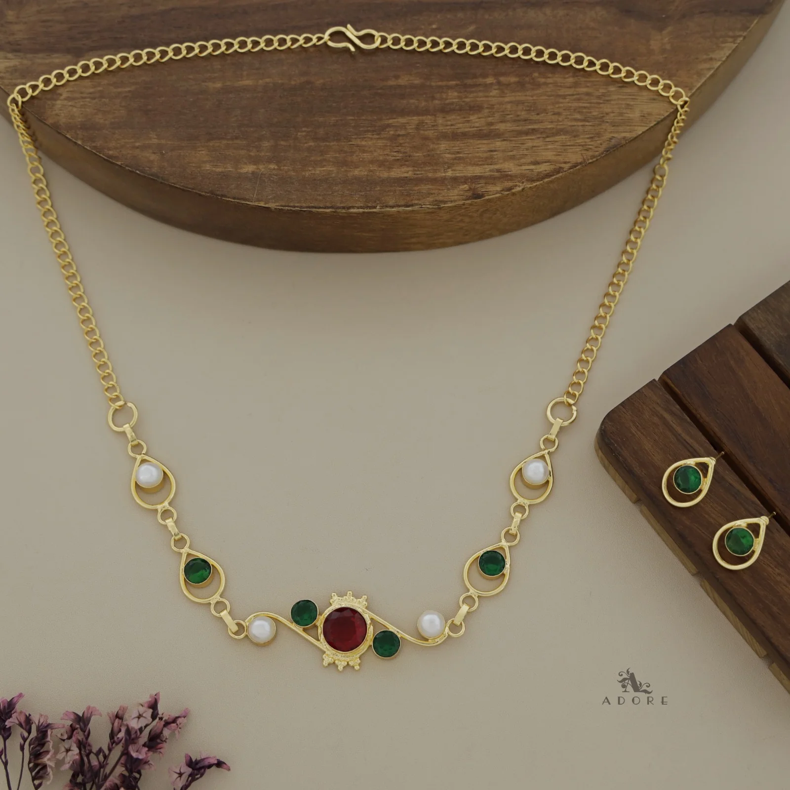 Sidhanya 9 Stone Glossy Neckpiece with Earrings - Image 3