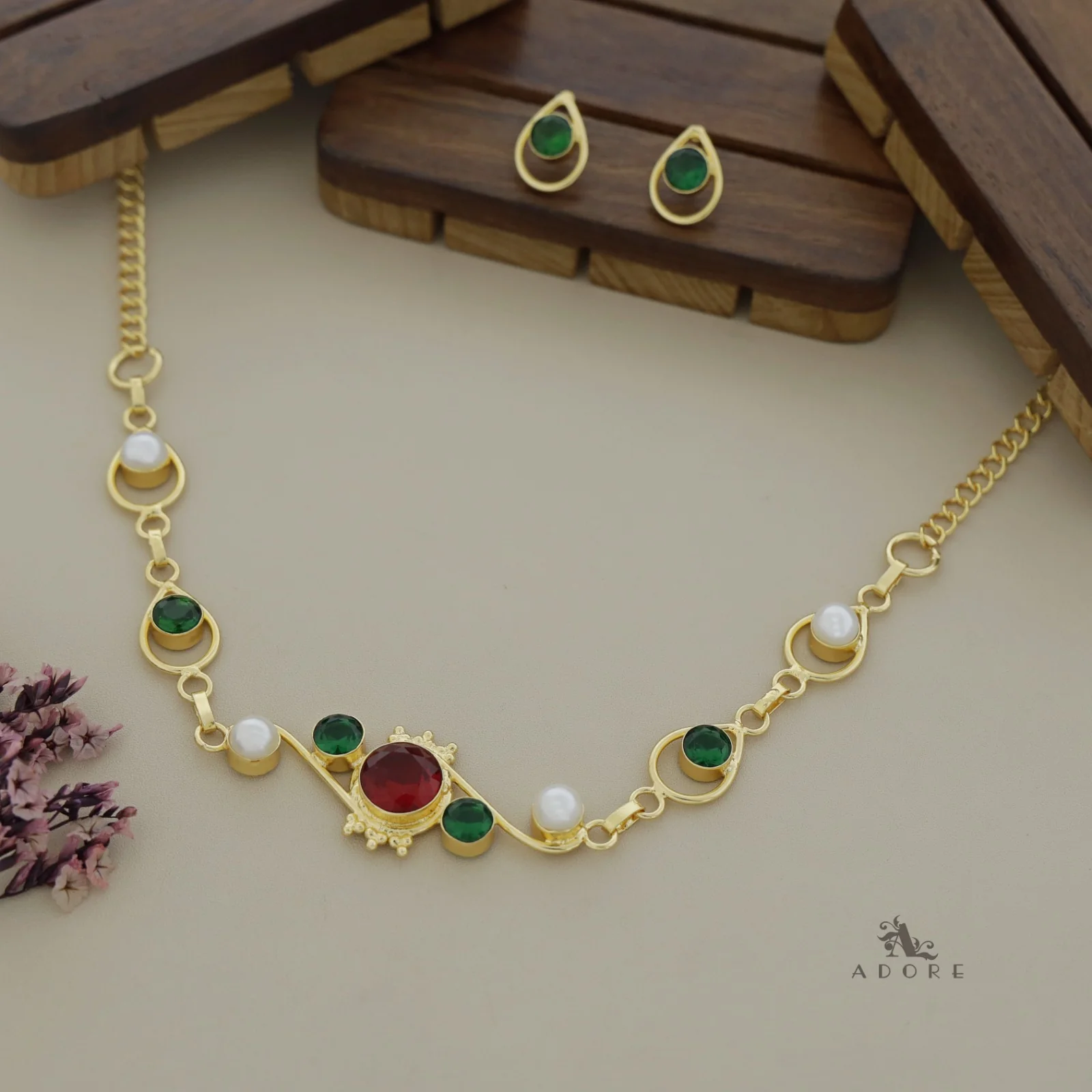 Sidhanya 9 Stone Glossy Neckpiece with Earrings - Image 5