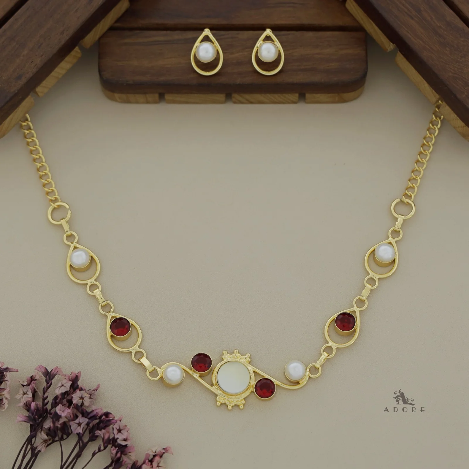 Sidhanya 9 Stone Glossy Neckpiece with Earrings - Image 7