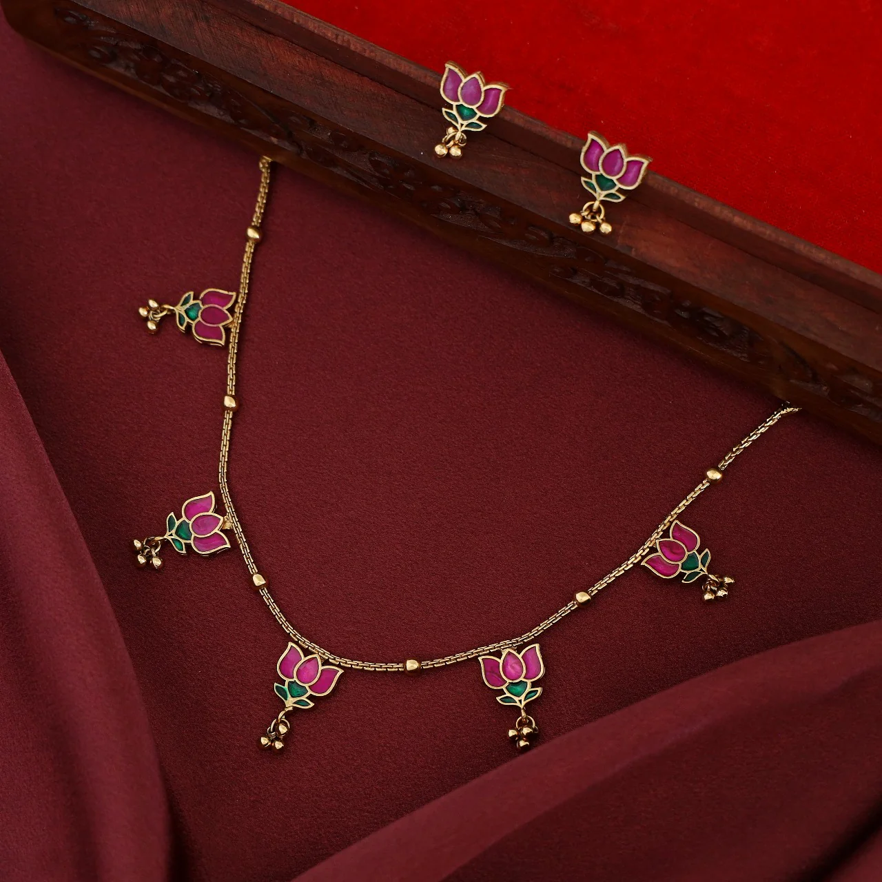 Hima Padma 5 Golden Ball Short Neckpiece With Earring - Image 4