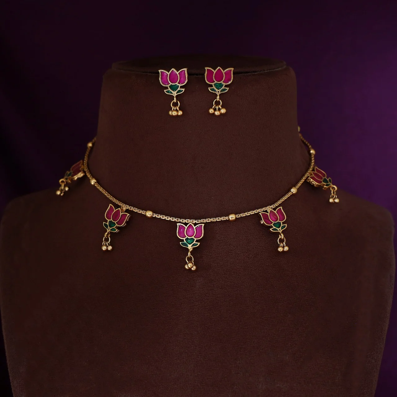 Hima Padma 5 Golden Ball Short Neckpiece With Earring - Image 6