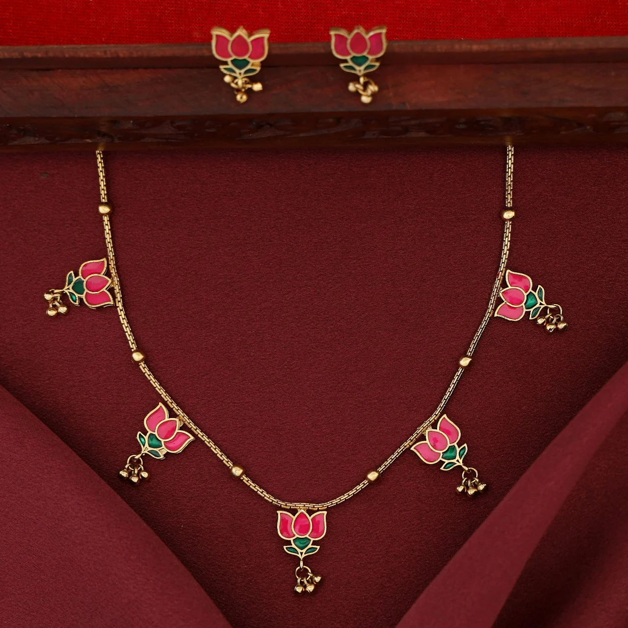 Hima Padma 5 Golden Ball Short Neckpiece With Earring - Image 7