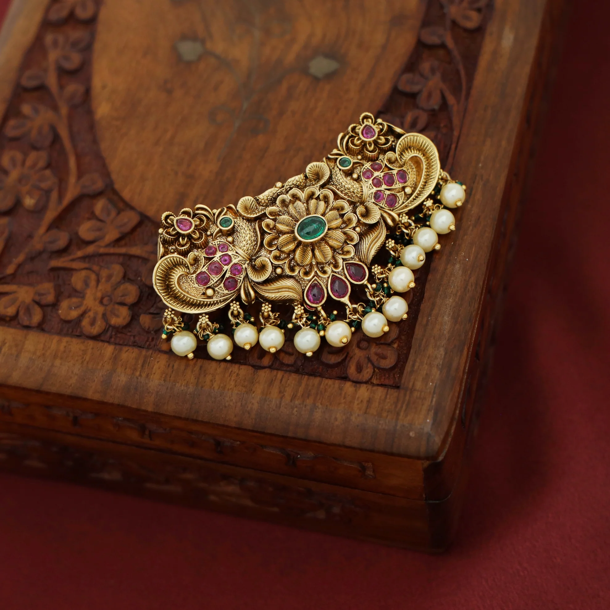 Hiral Dual Mayura Floral Pearl Bridal Hair Clip - Image 2