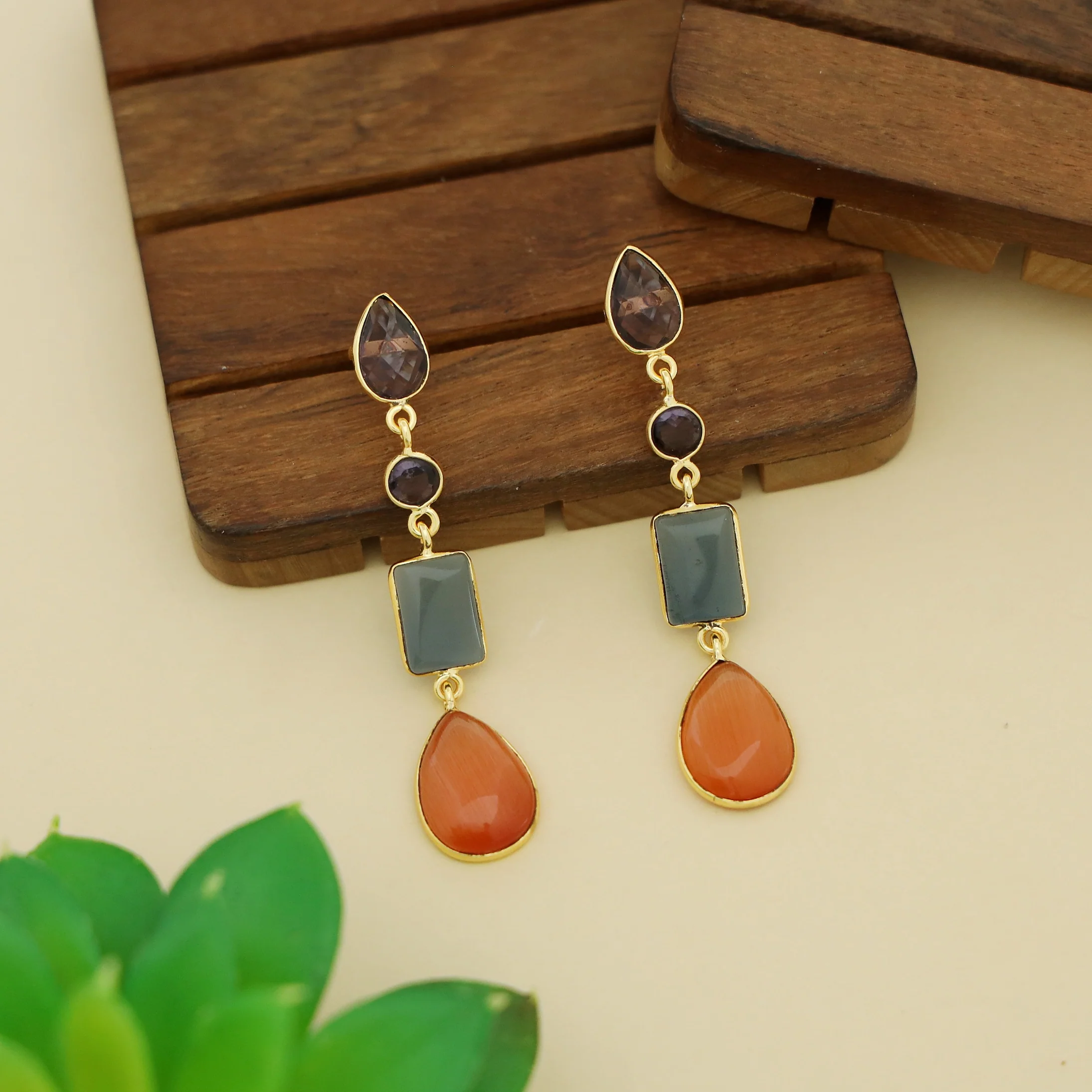 Holly Drop Circle Rectangle Tetra Glossy Stone Earring - Image 12