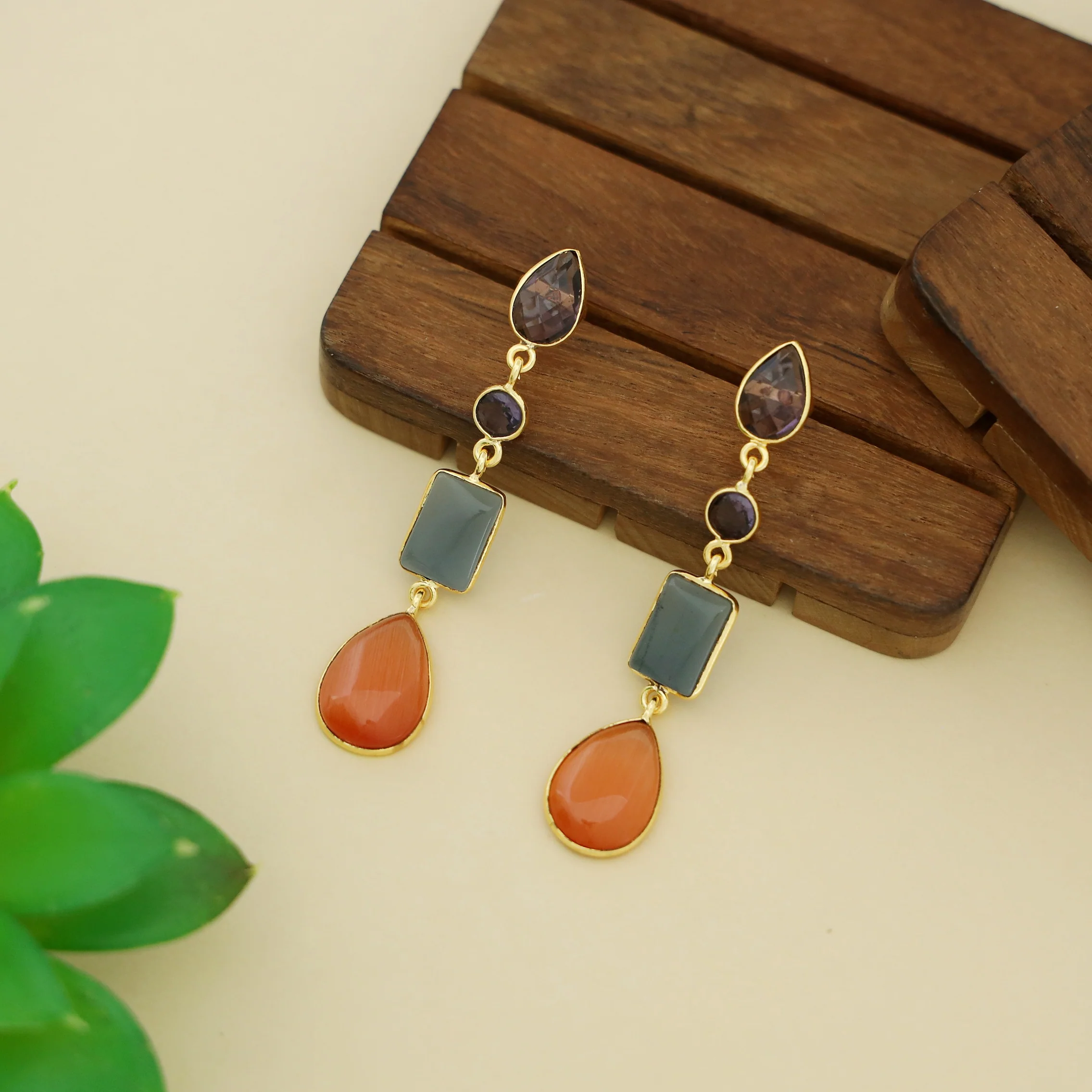 Holly Drop Circle Rectangle Tetra Glossy Stone Earring - Image 13