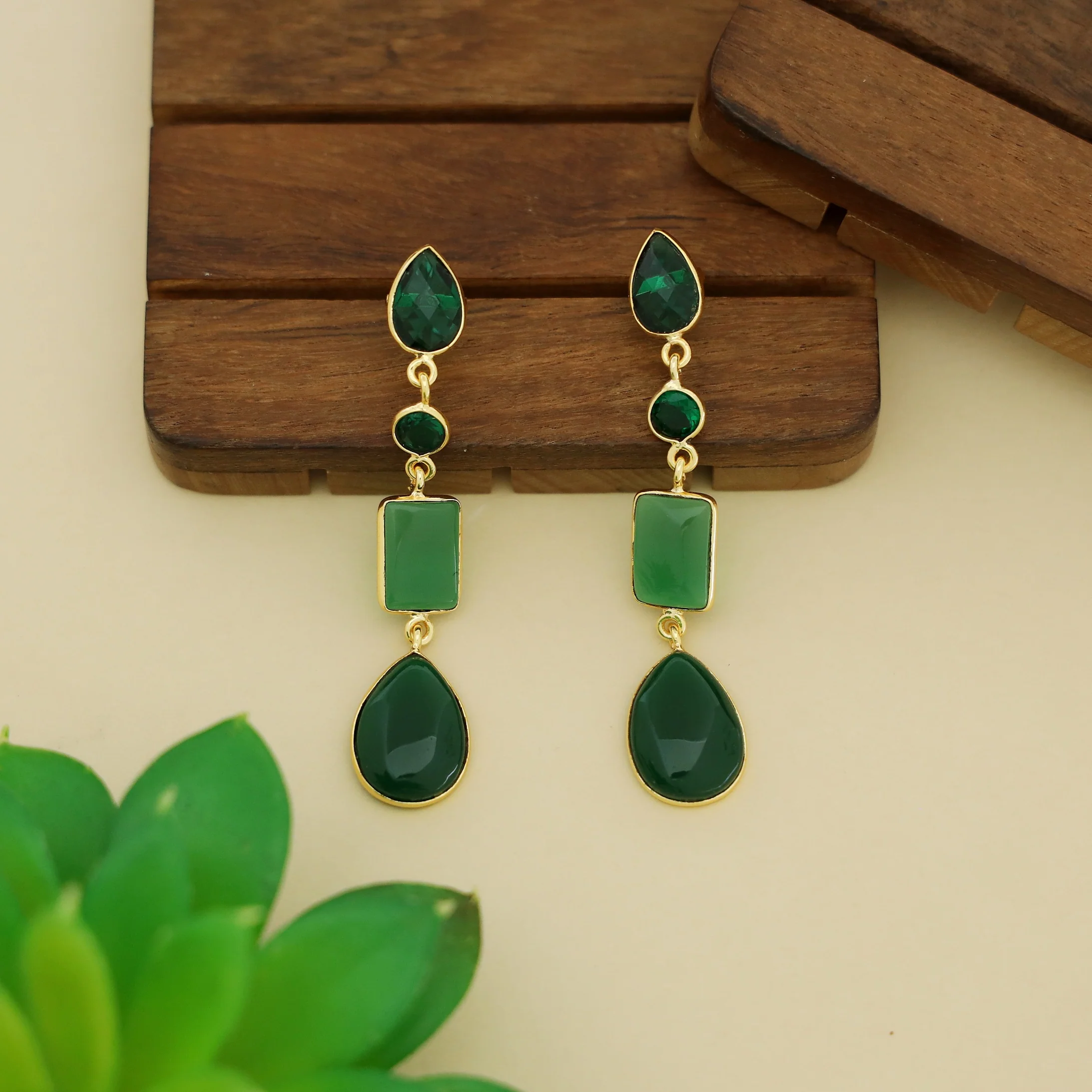 Holly Drop Circle Rectangle Tetra Glossy Stone Earring - Image 2