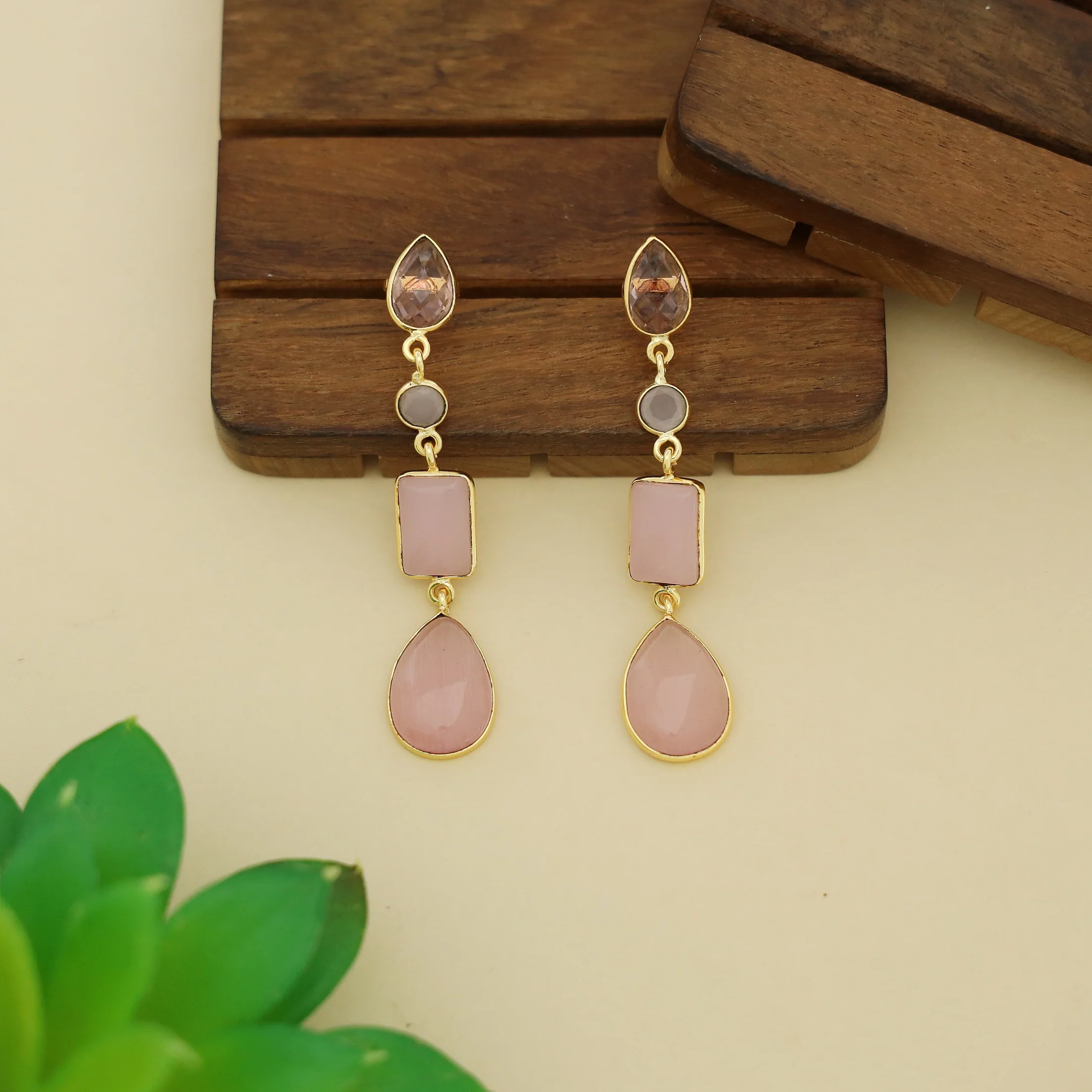 Holly Drop Circle Rectangle Tetra Glossy Stone Earring - Image 3