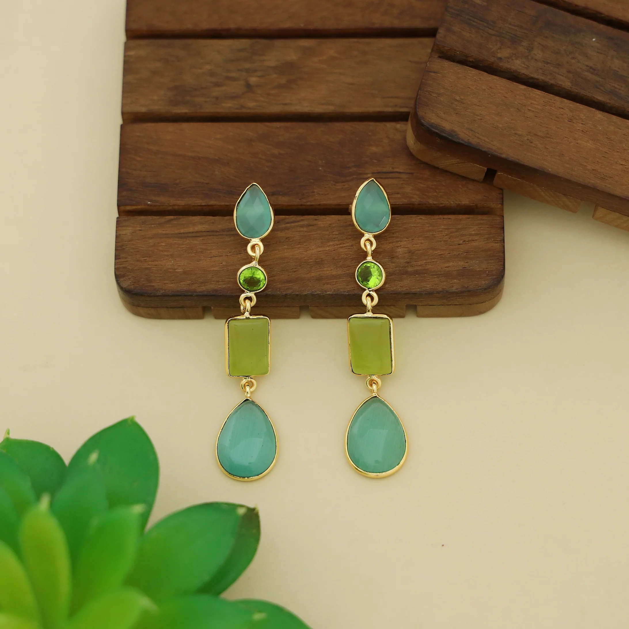 Holly Drop Circle Rectangle Tetra Glossy Stone Earring - Image 4
