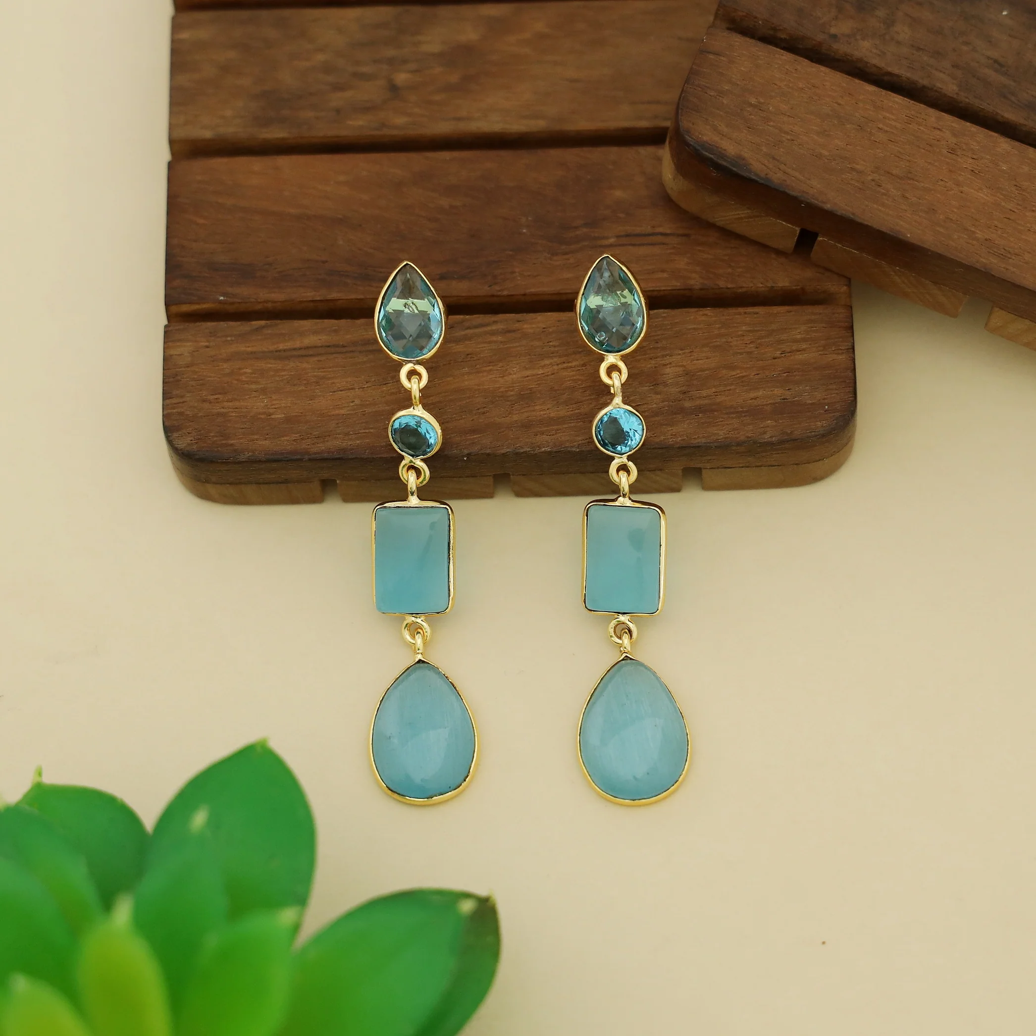 Holly Drop Circle Rectangle Tetra Glossy Stone Earring - Image 5