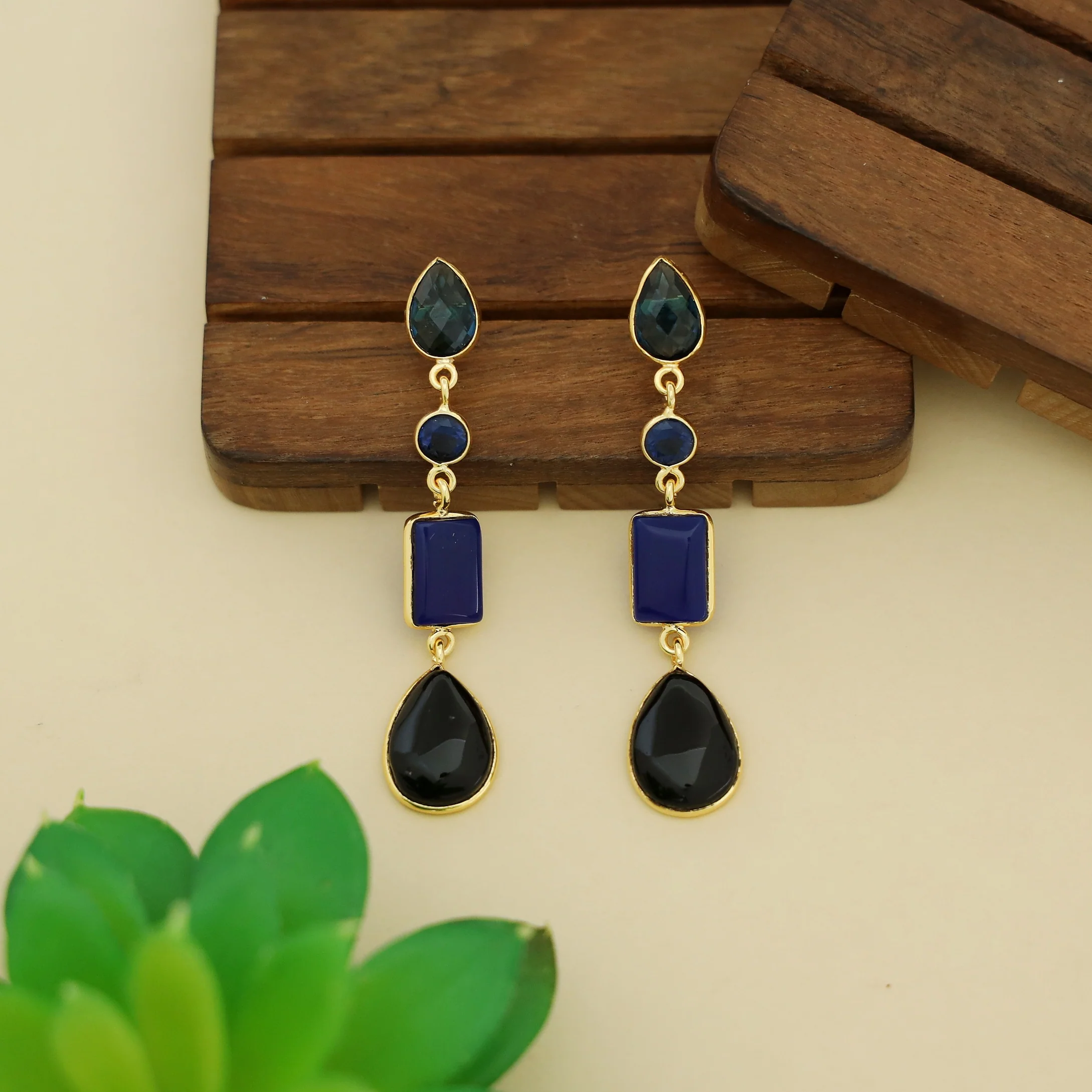 Holly Drop Circle Rectangle Tetra Glossy Stone Earring - Image 6