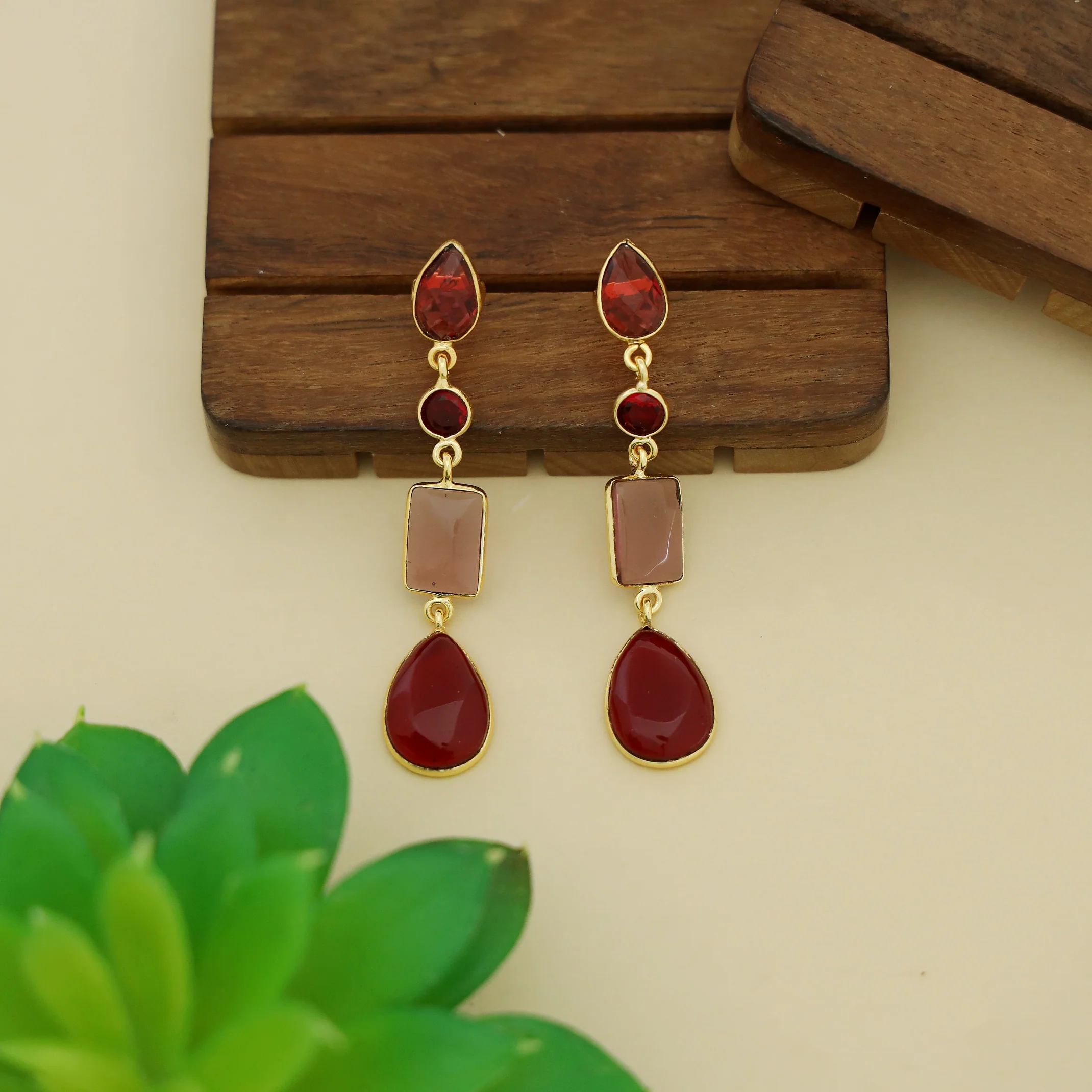 Holly Drop Circle Rectangle Tetra Glossy Stone Earring - Image 7