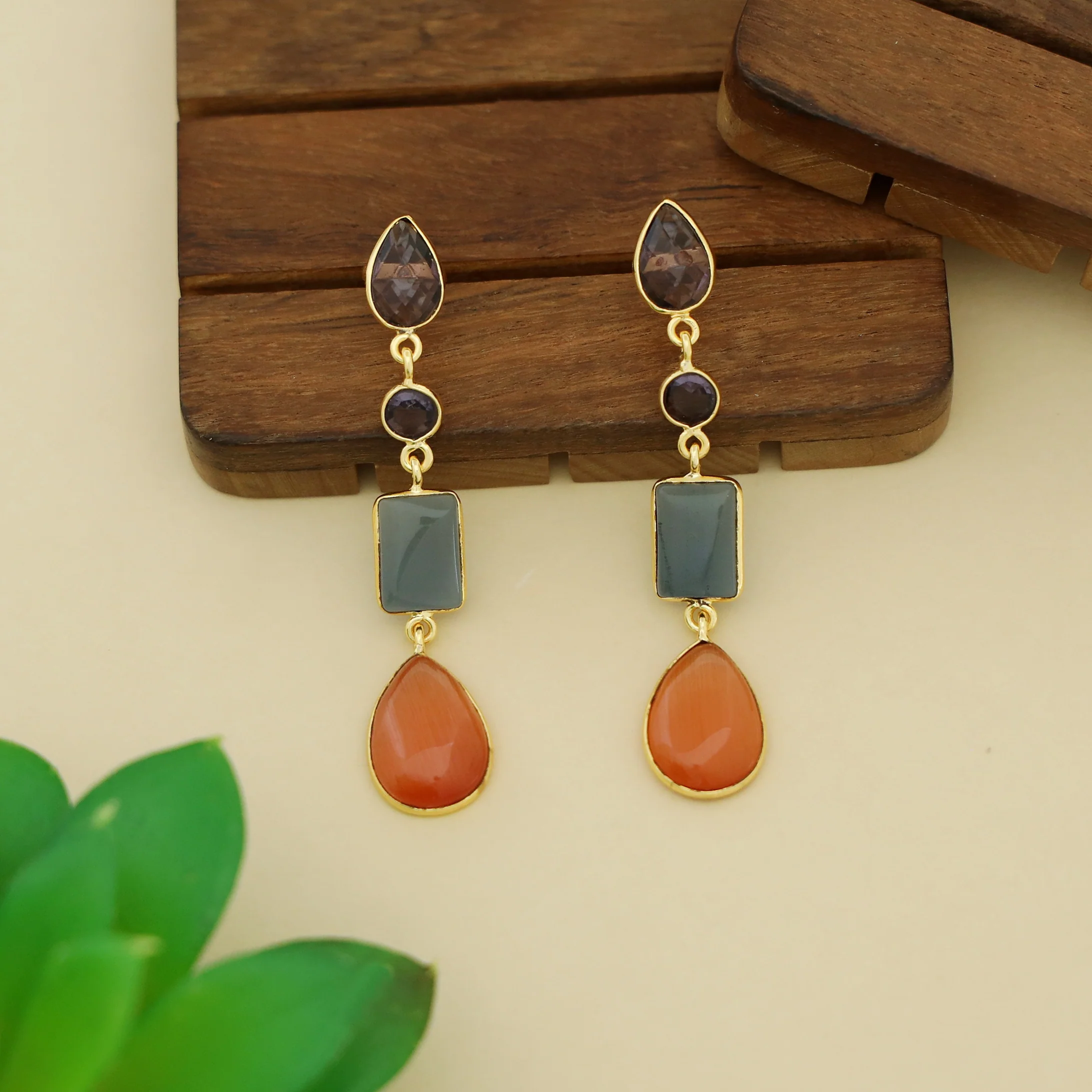 Holly Drop Circle Rectangle Tetra Glossy Stone Earring - Image 8