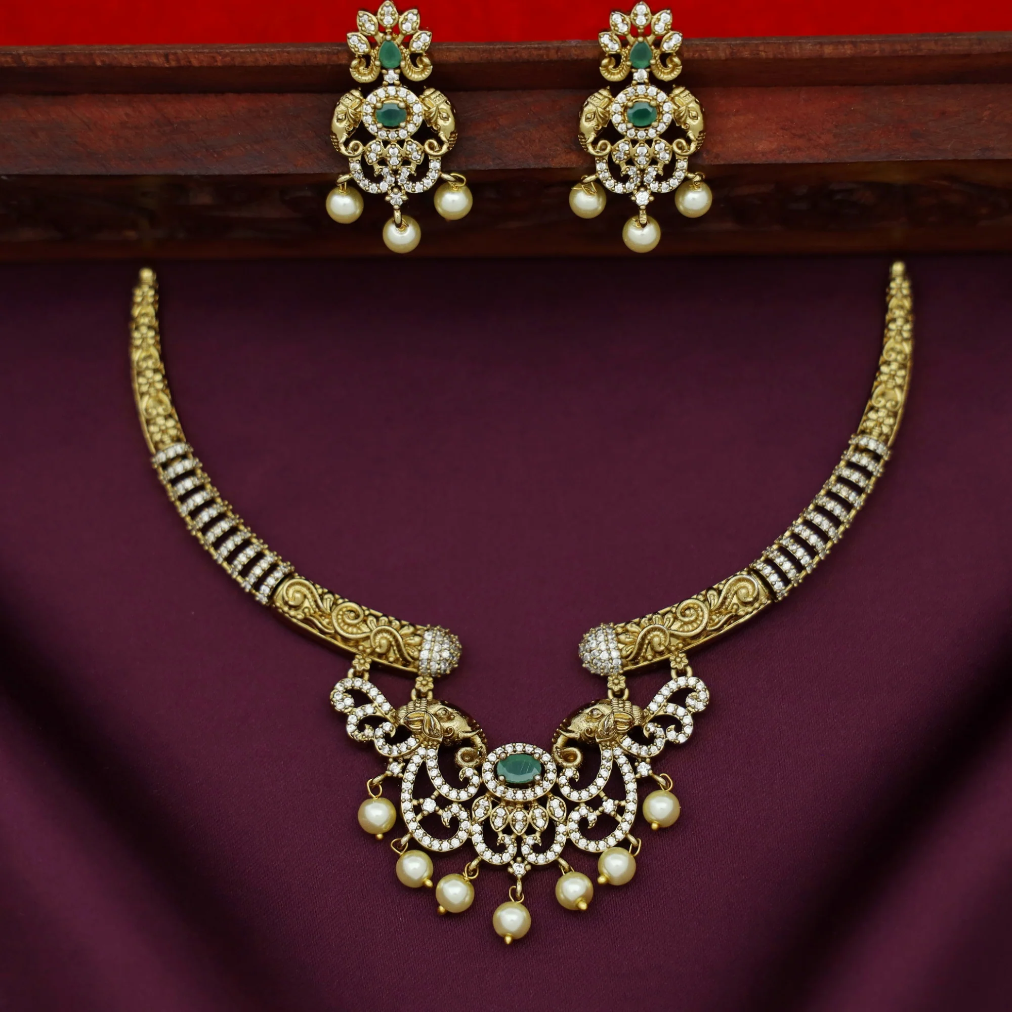 Idaya Pearl Dual Airavat AD Stone Stiff Short Neckpiece With Earring - Image 2