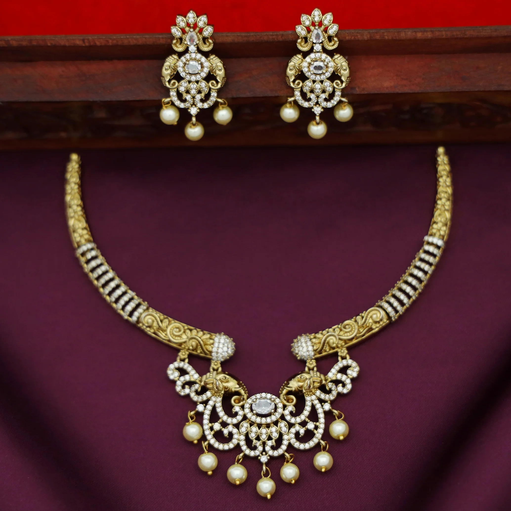 Idaya Pearl Dual Airavat AD Stone Stiff Short Neckpiece With Earring - Image 3