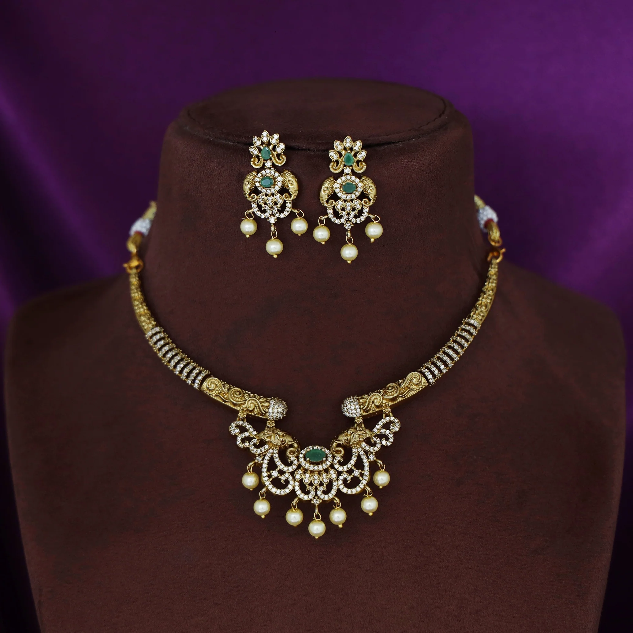 Idaya Pearl Dual Airavat AD Stone Stiff Short Neckpiece With Earring - Image 4