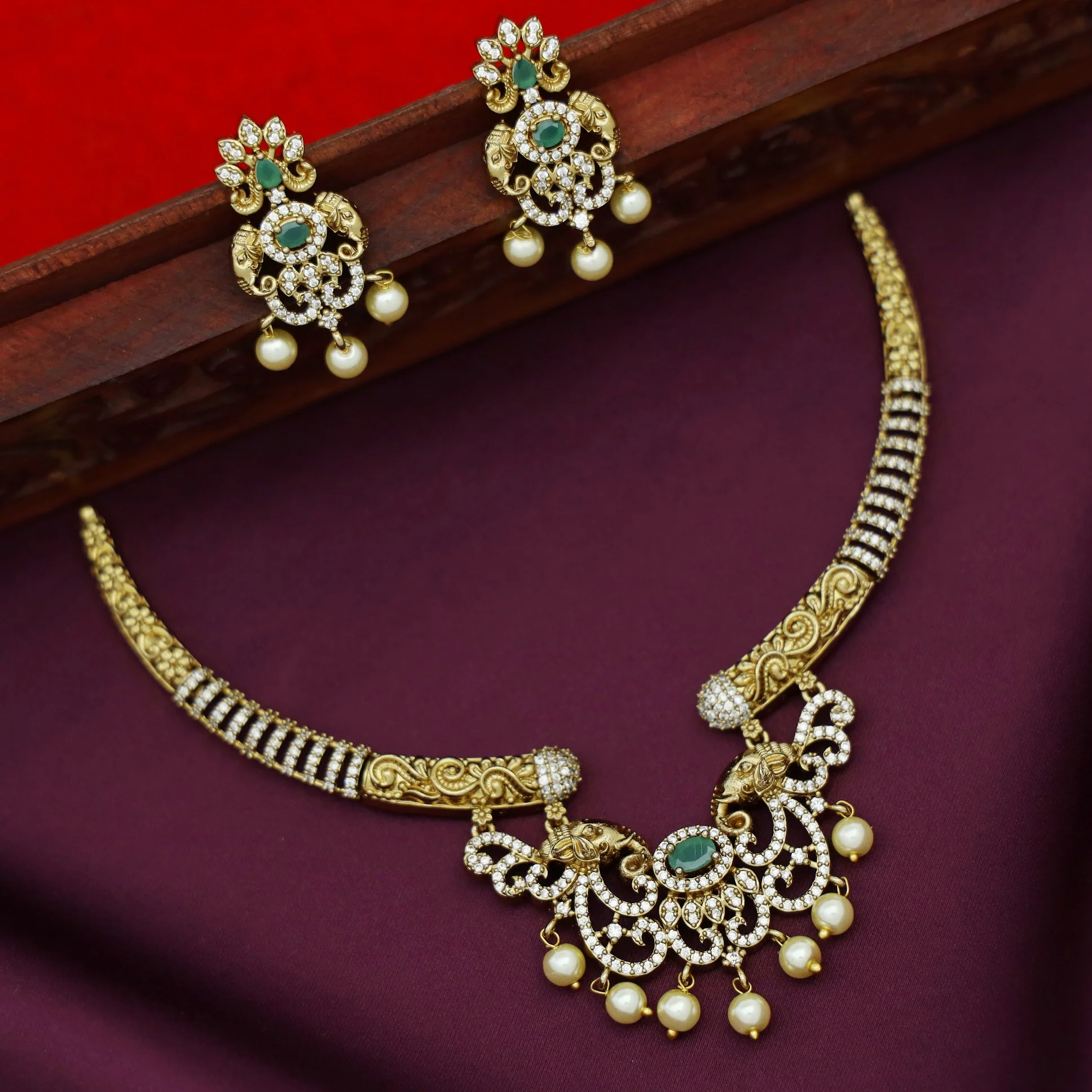 Idaya Pearl Dual Airavat AD Stone Stiff Short Neckpiece With Earring - Image 5