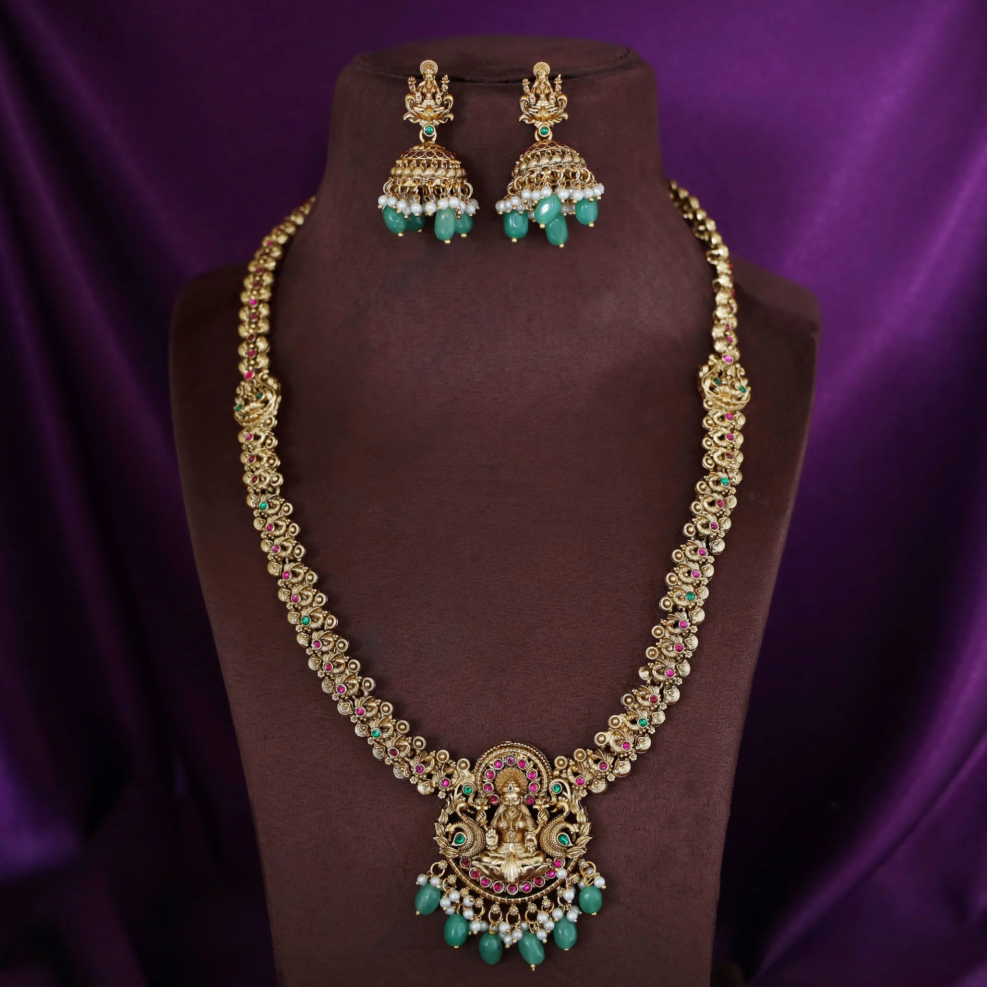 Iharika Devi Beaded Pearl Mayura Long Haram With Earring - Image 2