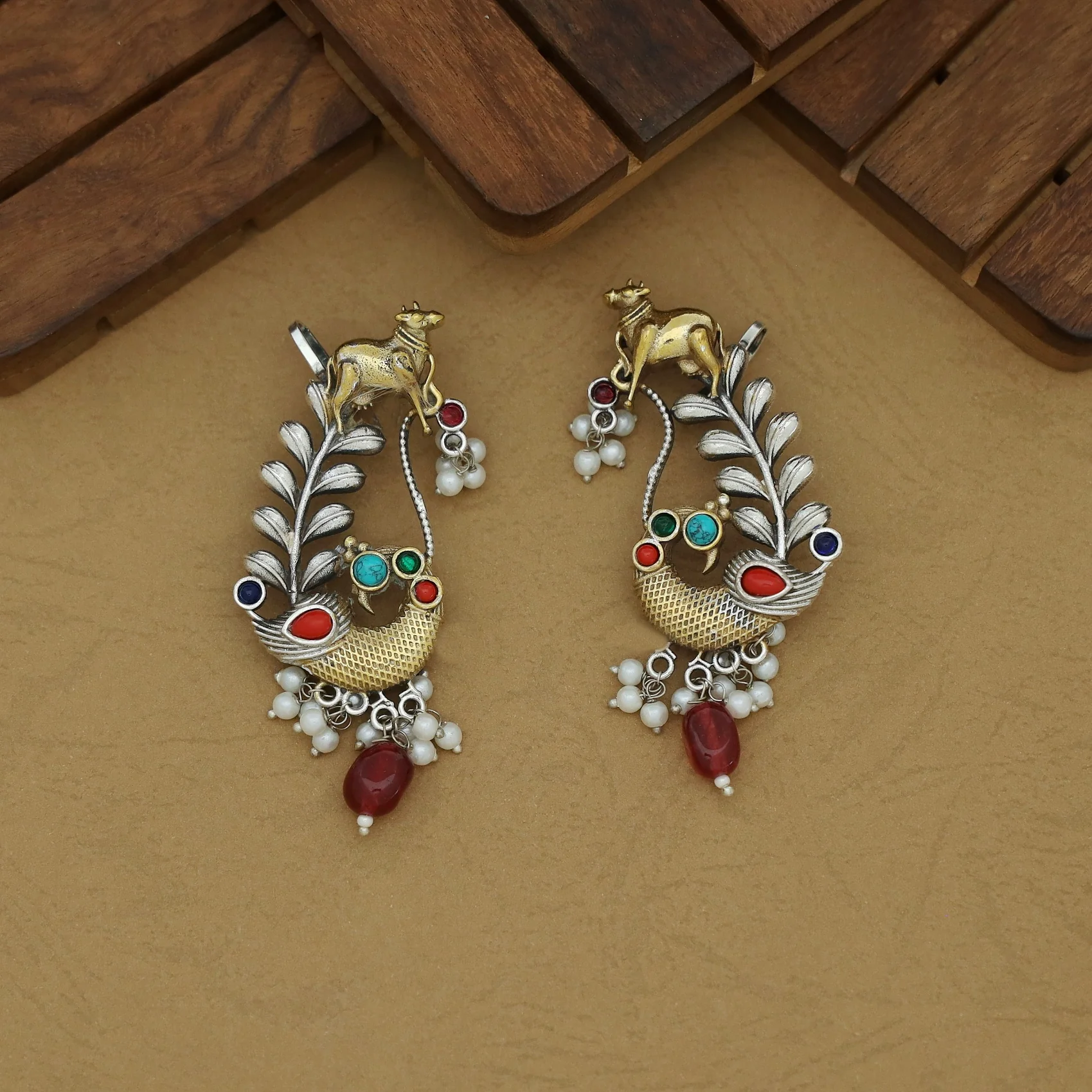 Iksha Mayura & Cow Beaded Pearl Earring / Ear-Cuff (Set Of 2) - Image 2