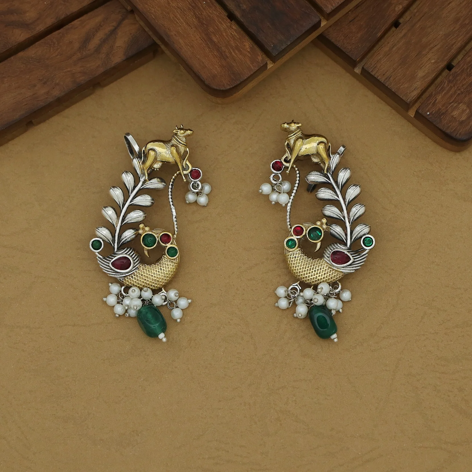 Iksha Mayura & Cow Beaded Pearl Earring / Ear-Cuff (Set Of 2) - Image 3