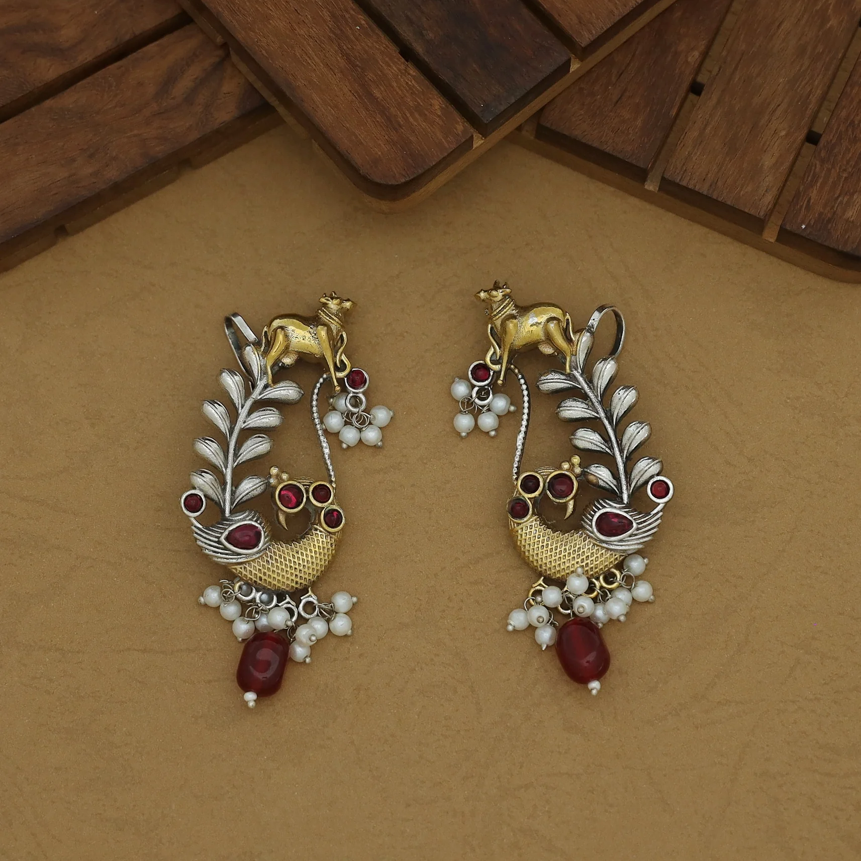 Iksha Mayura & Cow Beaded Pearl Earring / Ear-Cuff (Set Of 2) - Image 4