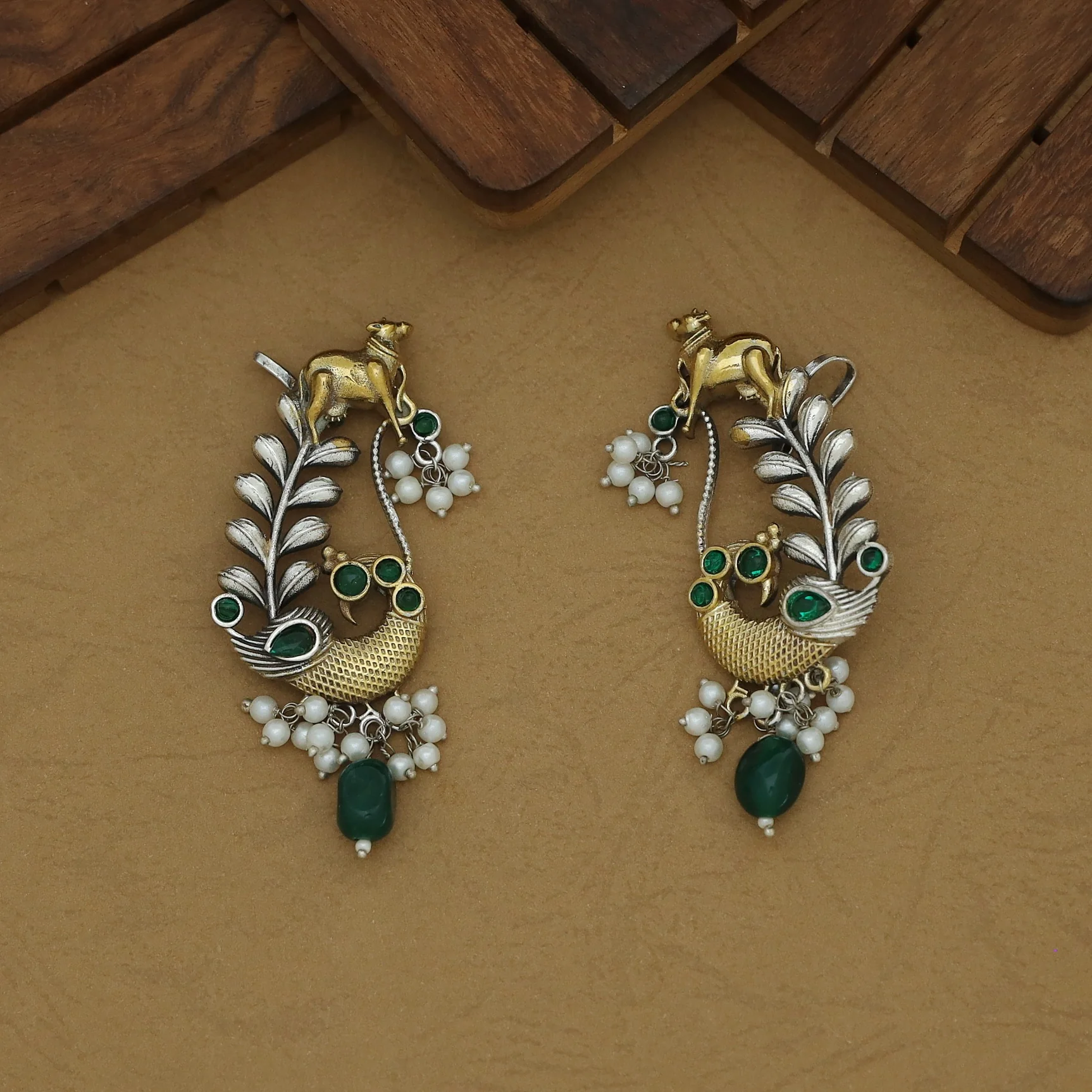 Iksha Mayura & Cow Beaded Pearl Earring / Ear-Cuff (Set Of 2) - Image 5