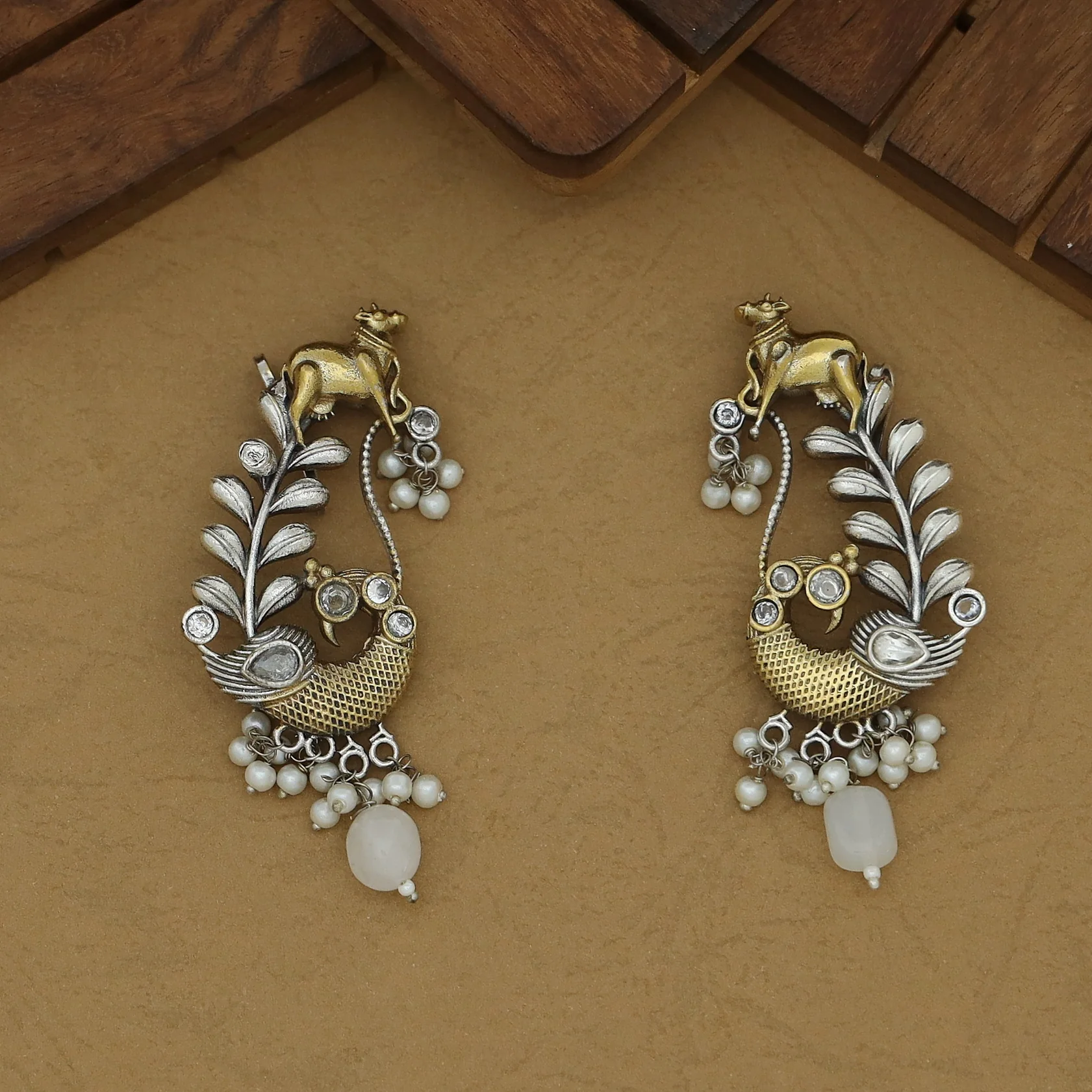 Iksha Mayura & Cow Beaded Pearl Earring / Ear-Cuff (Set Of 2) - Image 6